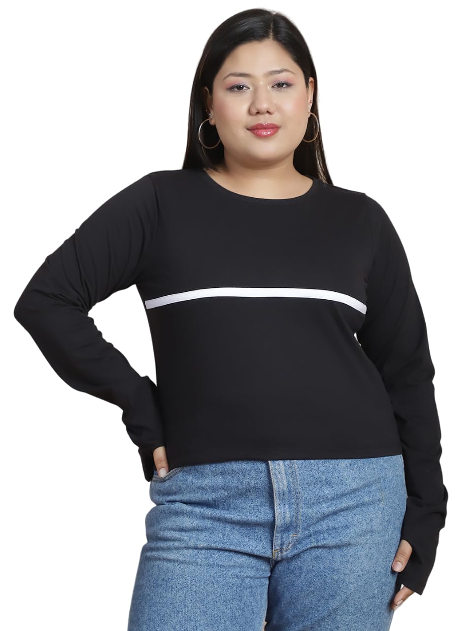 Rigo Women's Plus Size Thumbhole Workout Top - Colorblock Slim Fit Crop Tee with Round Neck | Western Style Gym & Sports Wear for Girls | Perfect for Yoga, Running & Casual Outfits