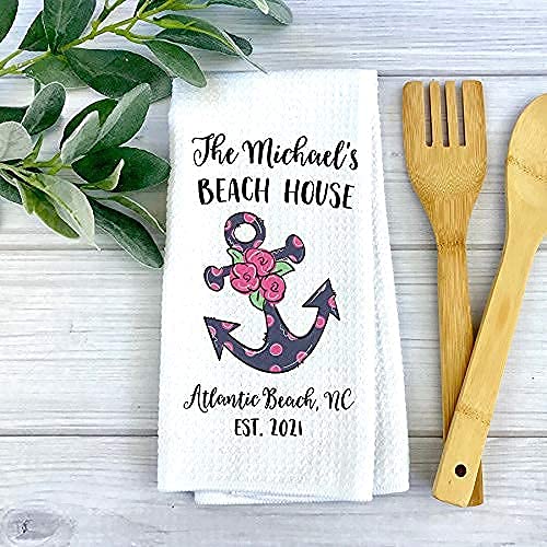 Personalized Beach House Kitchen Towel - Custom Family Name Waffle Weave Tea Towel for Coastal Decor | Perfect Beach Housewarming Gift for Kitchen, Bathroom & Summer Entertaining