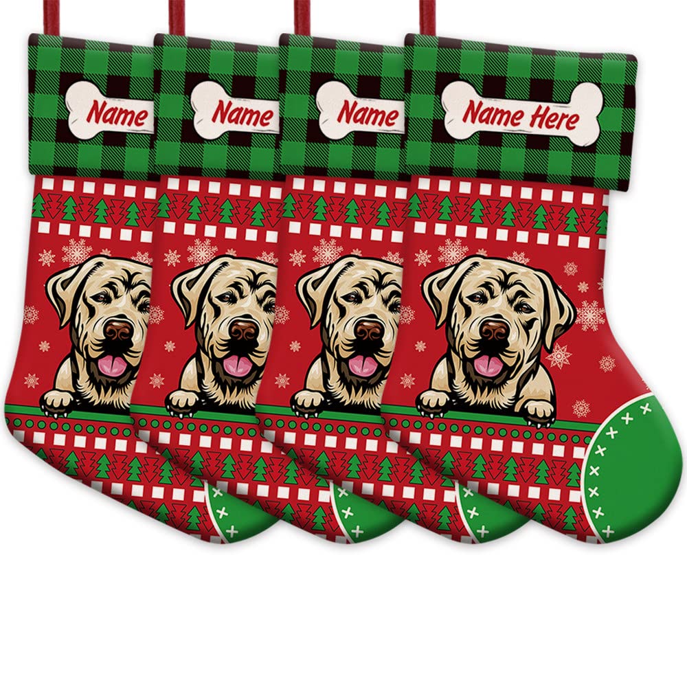 4 Pack Custom Christmas Stockings - Labrador Dog Bone & Buffalo Plaid Design with Snowflake Pattern (14.4 Inch) - Perfect for Holiday Decor, Fireplace Mantel & Festive Gift Giving