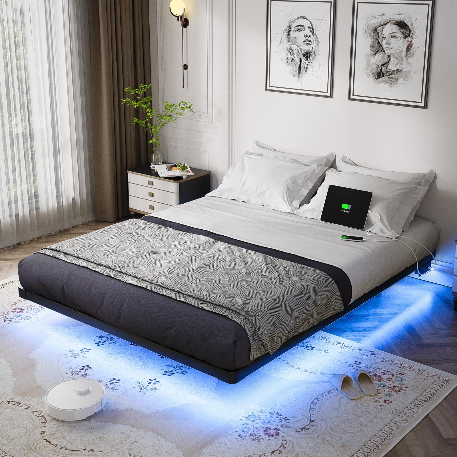 OLEVS Floating Queen Size Bed Frame with Smart LED Lights & USB Charging Station - Modern Metal Platform Bed Frame, Easy Assembly, No Box Spring Needed - Perfect for Bedroom, Guest Room & Small Spaces