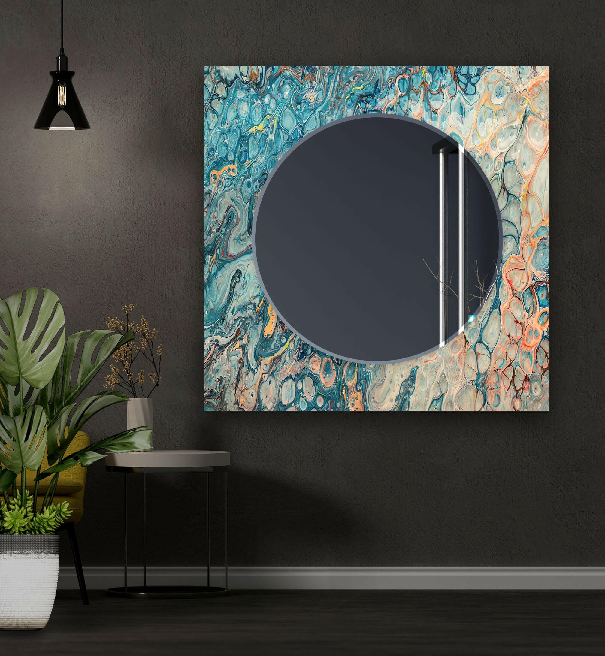 Blue & Beige Abstract Wall Mirror - Modern Decorative Round Mirror for Living Room, Bedroom, Entryway - Boho Home Decor Accent Piece for Wall Hanging