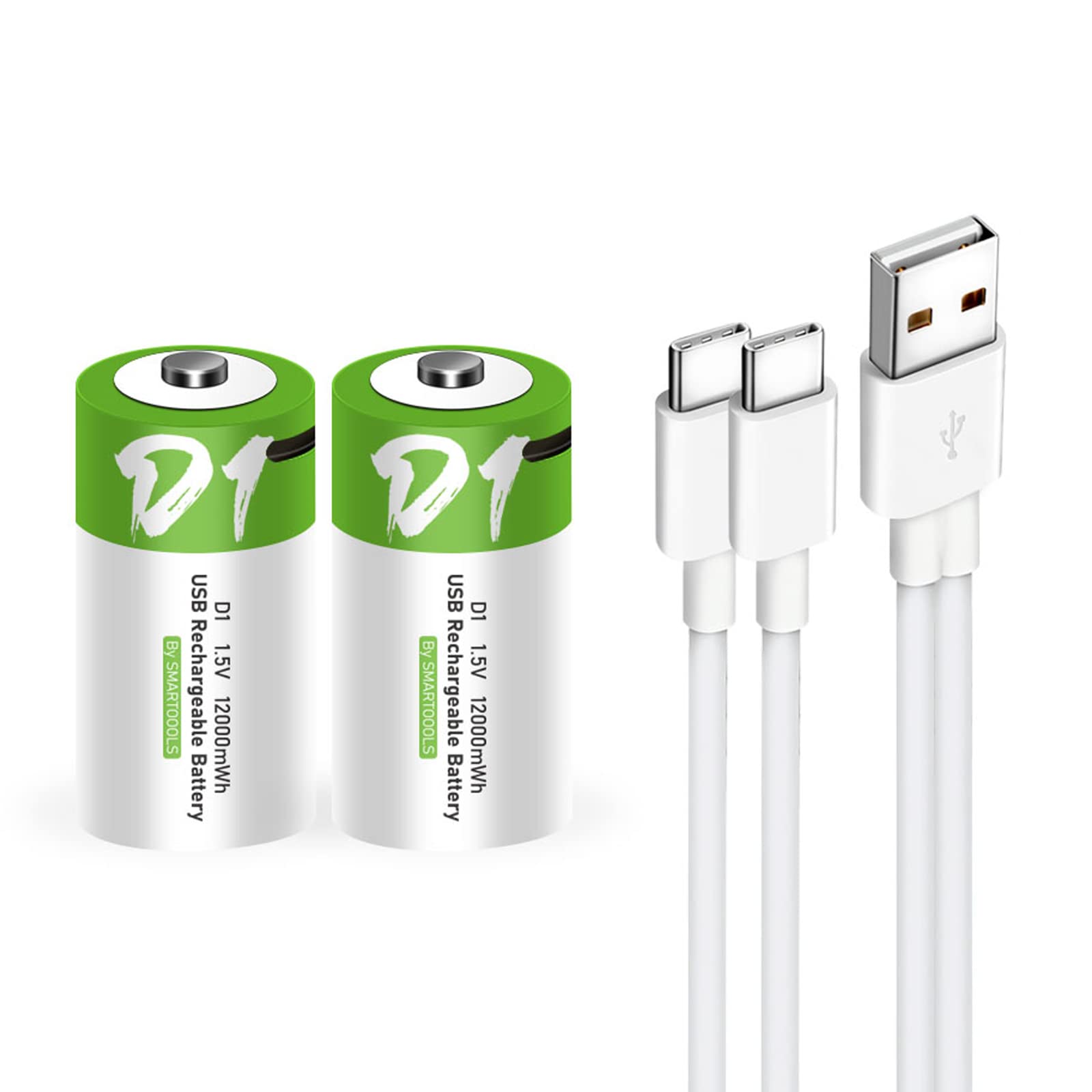 2 Pack Rechargeable D Batteries 12000mWh - 1.5V Lithium Ion D Cell Batteries with USB Type C Charger - Long Lasting Power for Flashlights, Toys, Trash Cans & Emergency Devices