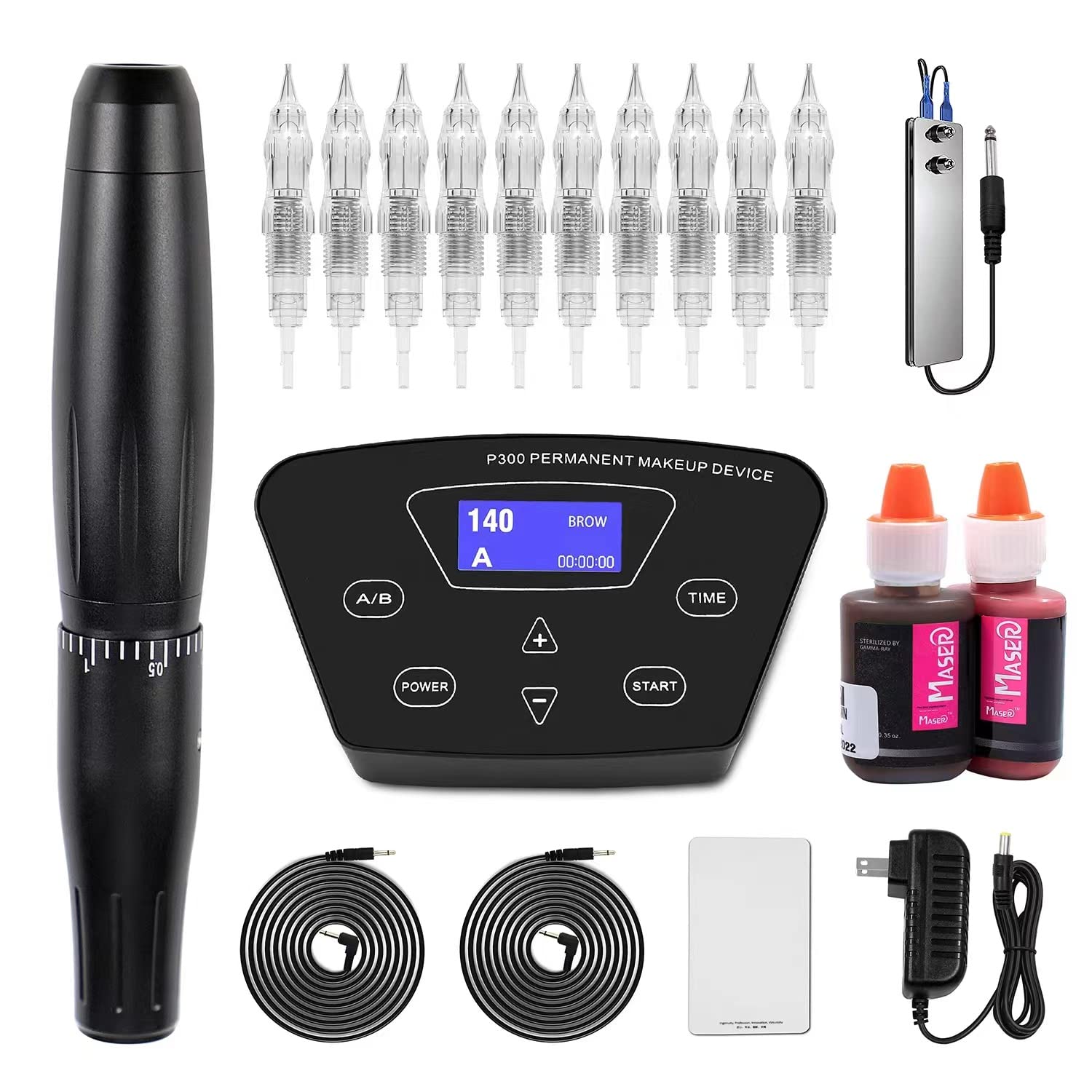 BIOAMSER P300 Permanent Makeup Tattoo Machine Kit with Foot Pedal, Rotary Pen, Practice Skin, 2 Microblading Inks & 10 Cartridge Needles - Professional Tattoo Equipment for Eyebrows, Lips & Beauty Salon Use