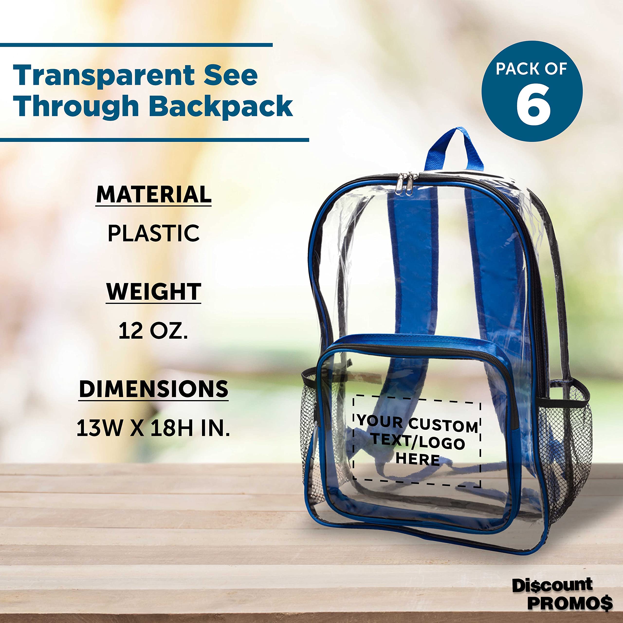 Custom Heavy Duty Clear Plastic Backpacks - Set of 6 Bulk Pack, Durable PVC Water Resistant Travel Backpacks for School, Work & Outdoor Activities - Clear/Blue