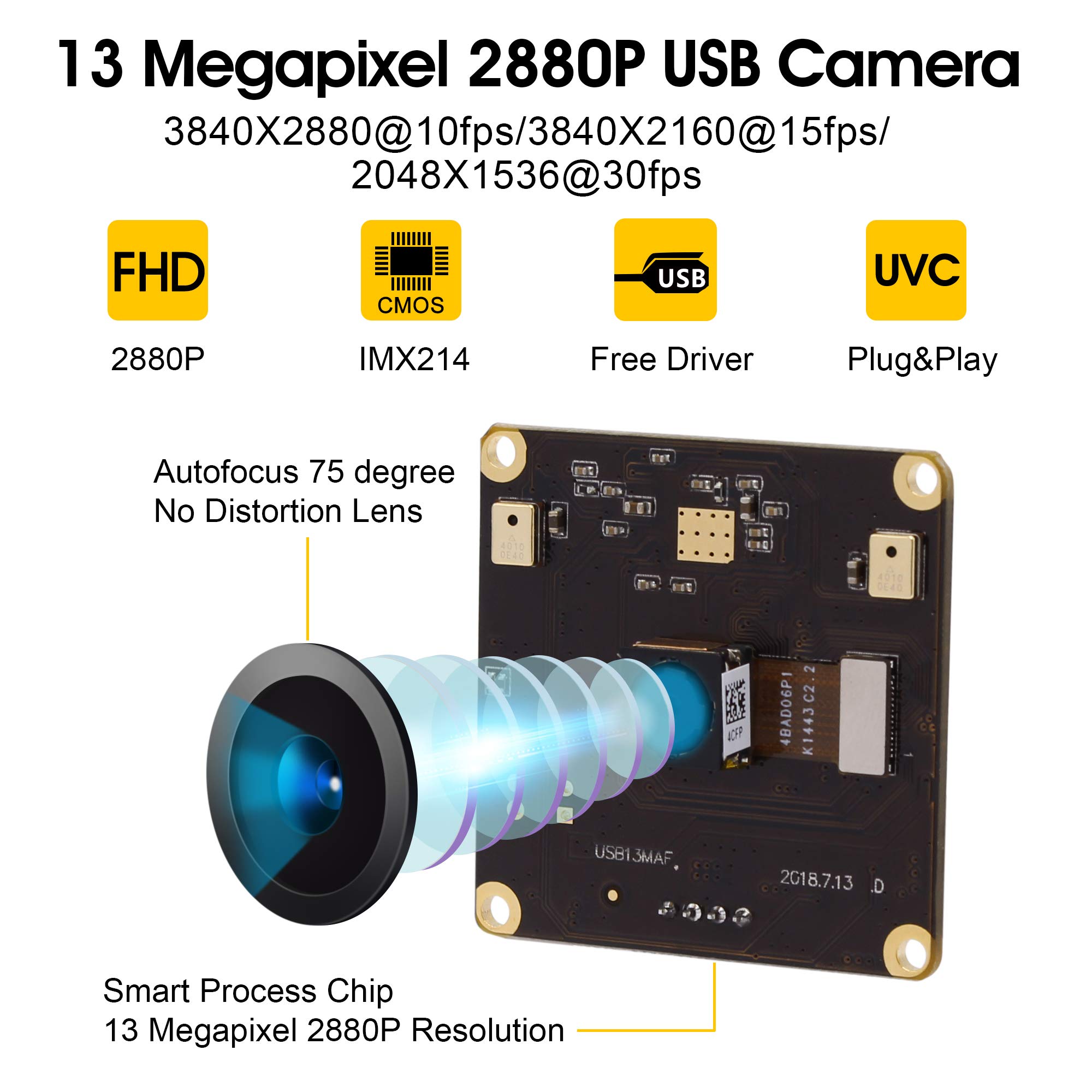 13MP USB Camera Module with Microphone, Autofocus & Audio - UVC USB 2.0 Webcam Board for PC/Laptop/Jetson Nano - Industrial Embedded IMX214 Camera for Video Conferencing, Live Streaming & Lightburn Applications