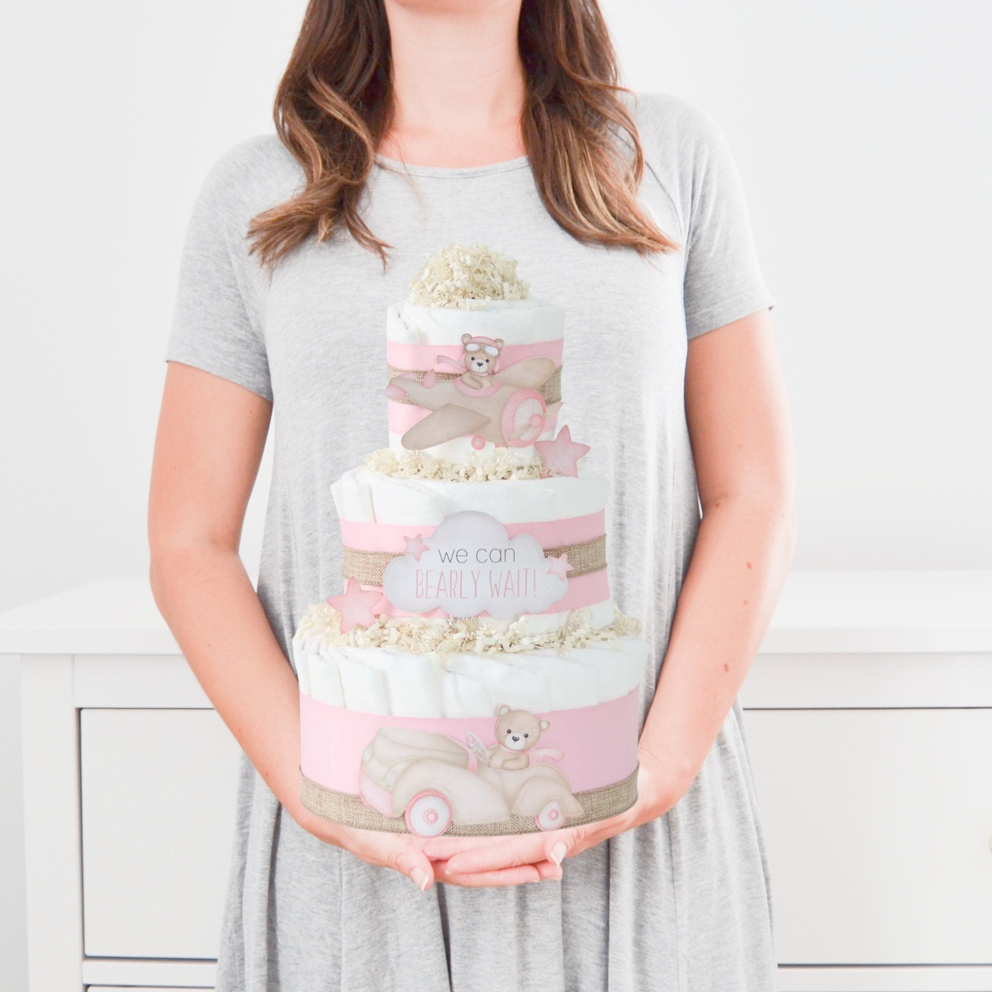 Pink Teddy Bear Diaper Cake Gift Set - Baby Shower, Newborn Celebration, Gender Reveal Party Decor - SKU: DCBG1007