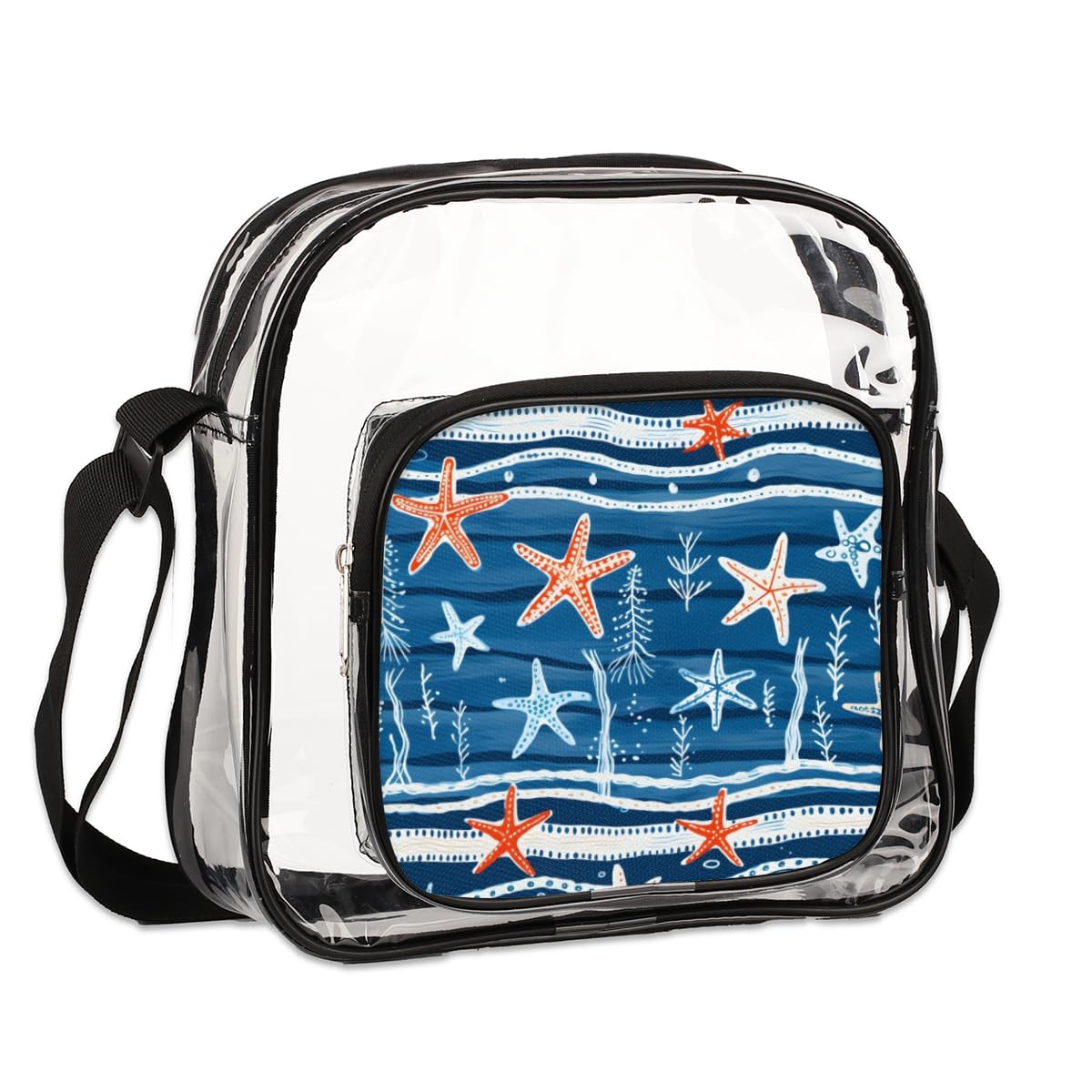 Mularoka Starfish Clear Crossbody Purse Bag - Blue & Pink Starfish Design, Stadium Approved Transparent Shoulder Bag for Women & Men | Perfect for Music Festivals, Sports Events, Concerts & Beach Outings