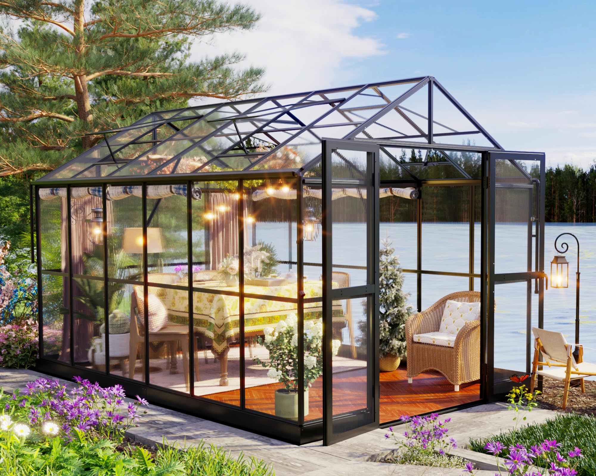 Jocisland 7.5x11.2x7.4 FT Walk-in Greenhouse - Durable Aluminum Frame & Polycarbonate Panels with Ventilation Windows & Rain Gutter System, 2 Swing Doors with Hooks - Perfect for Outdoor Gardening, Backyard Plant Nursery & Year-Round Growing