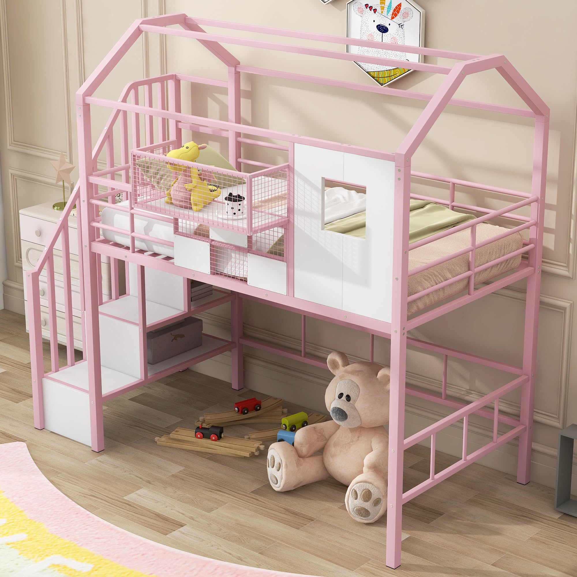 BOVZA Twin Size Loft Bed with Stairs, Roof & Storage - Metal Low Loft Bed Frame with Safety Guardrails for Kids & Teens - Pink & White - Perfect for Small Bedrooms, Dorm Rooms & Kids' Play Areas