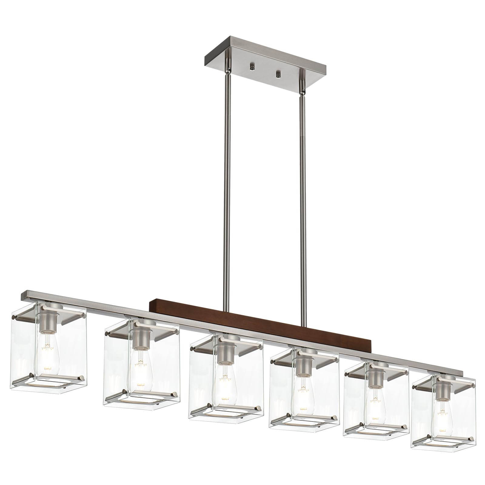 6-Lights Brushed Nickel Kitchen Island Pendant Light - Farmhouse Wood Frame Linear Chandelier with Rectangular Glass Shade, Modern Dining Room Lighting Fixture for Kitchen Counter, Bar, and Breakfast Nook