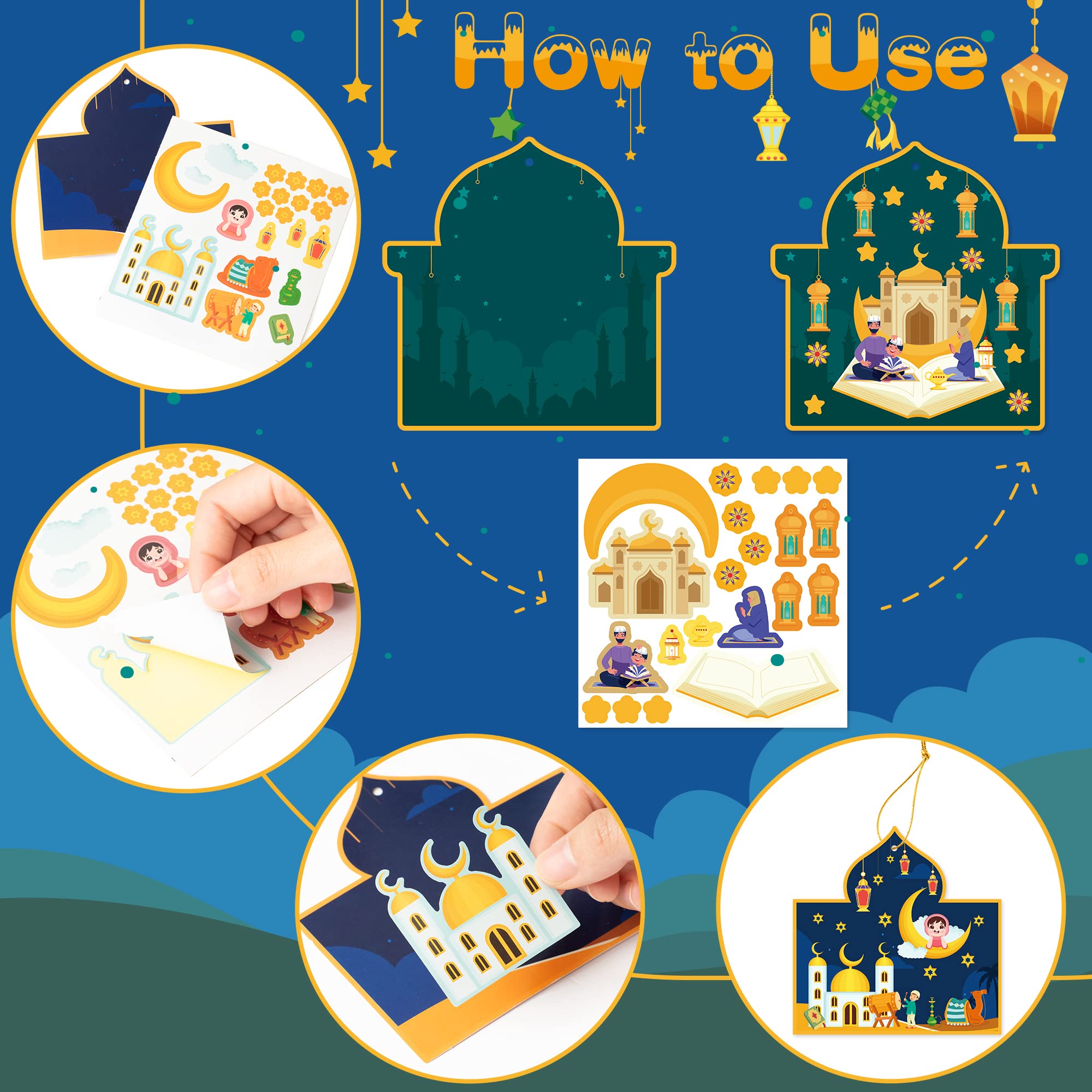 COcnny 49pcs Eid Mubarak Craft Kit - DIY Mosque Scene Stickers for Kids, Ramadan Kareem Decal, Islamic Art Labels & Hanging Ornaments - Perfect for Al-fitr Classroom Party Favors, Home Decor & Gift Supplies