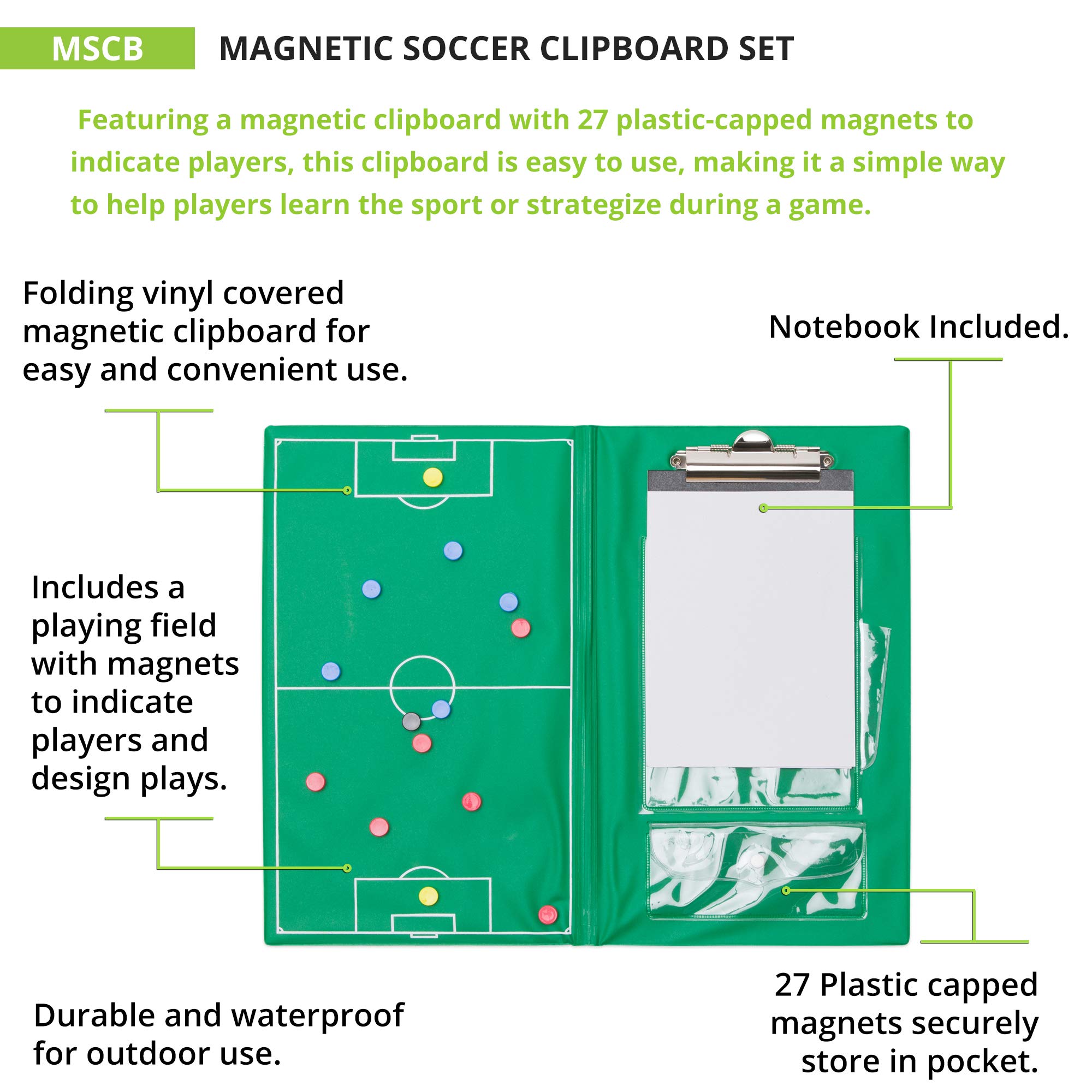 Champion Sports Magnetic Soccer Clipboard Set - Green - Perfect for Coaches, Players & Tactics Planning on the Field