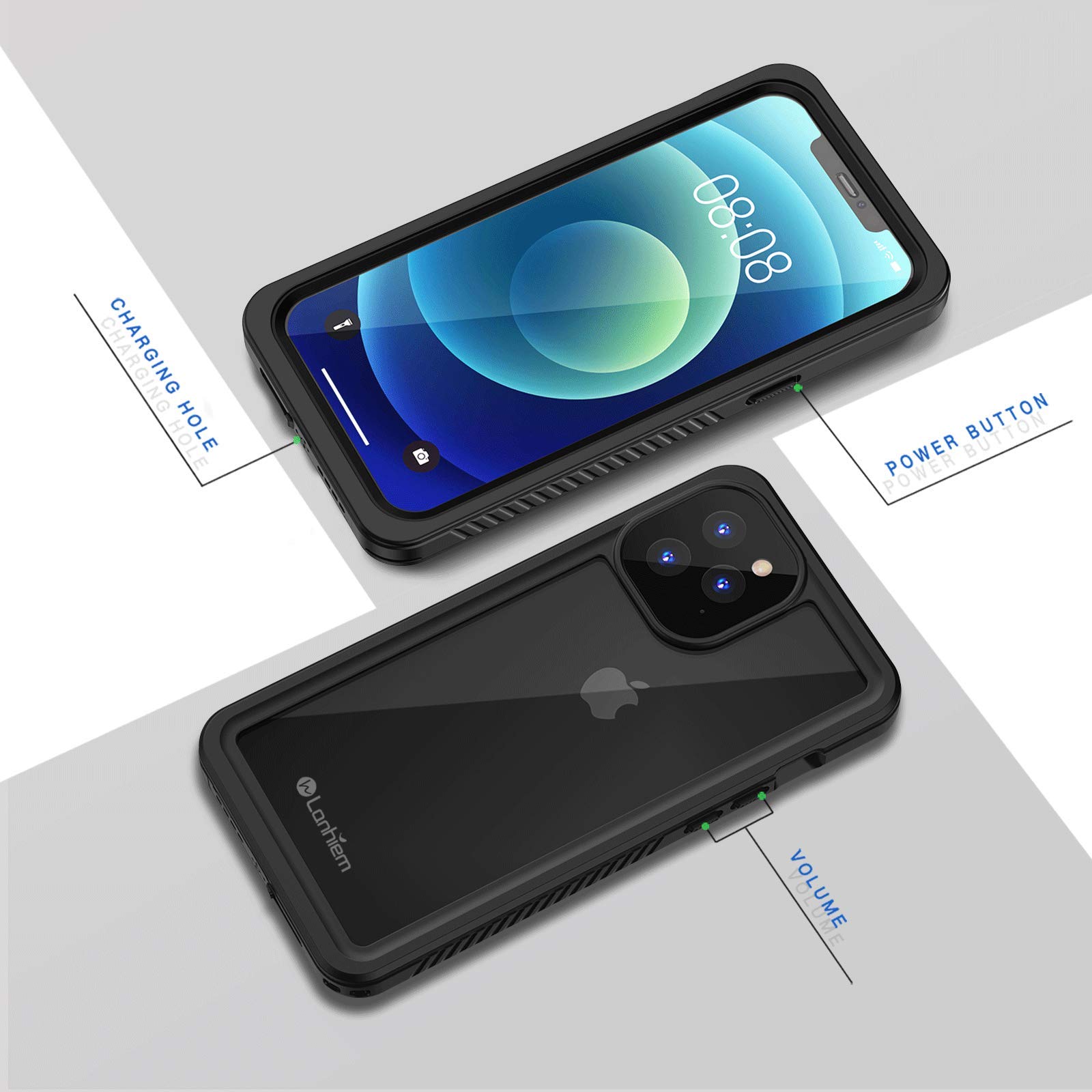 **Lanhiem iPhone 12 Pro Max Case 6.7 Inch – IP68 Waterproof, Dustproof, Shockproof with Built-in Screen Protector | Full Body Underwater Protection | Clear Black Cover for Swimming, Hiking & Outdoor Activities**