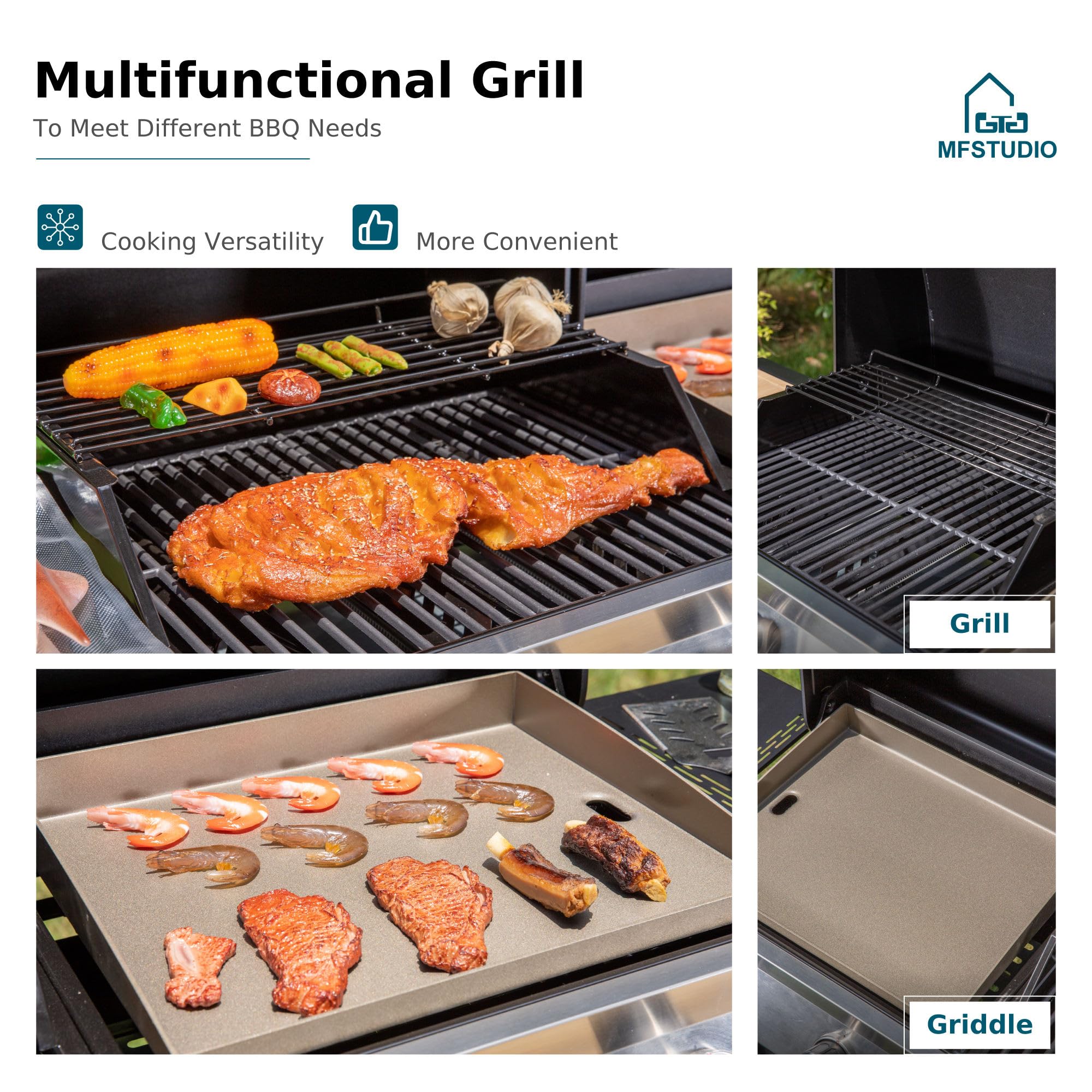 MFSTUDIO 696 SQIN Propane Gas Griddle and Grill Combo - Porcelain-Enameled Cast Iron Grate & Flat Top Griddle Pan for Outdoor BBQ, Camping, Tailgating, Backyard Cooking - Black