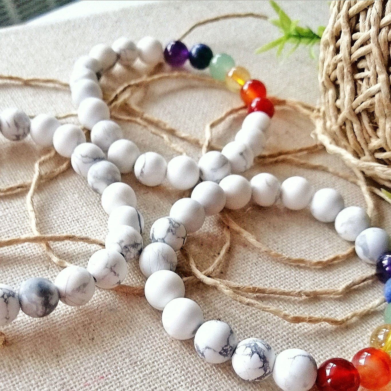 Healing Crystal Mala Bracelet with Rainbow White Howlite, Carnelian, Citrine, Green Aventurine, Lapis Lazuli & Amethyst - Meditation, Yoga & Spiritual Chakra Balancing Jewelry