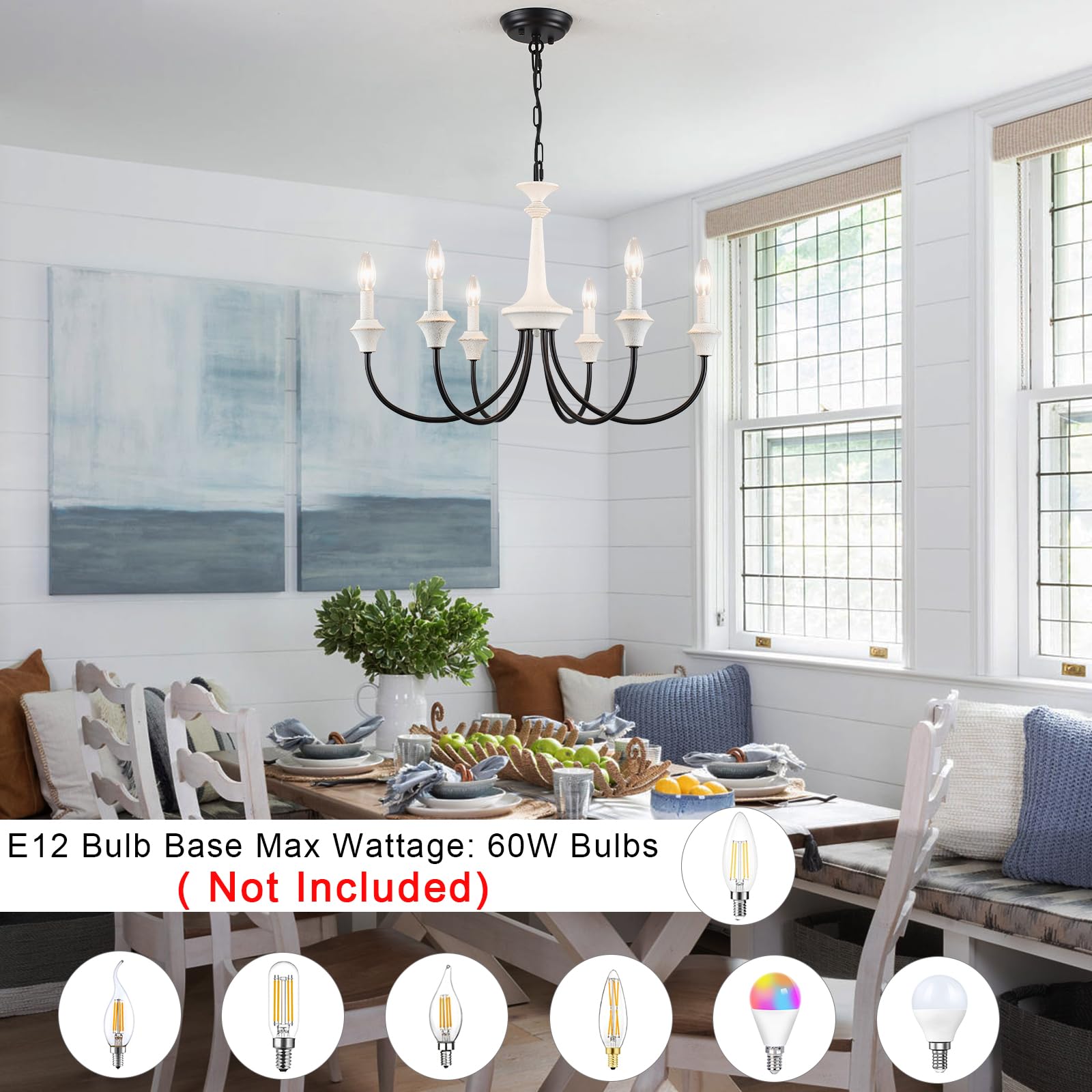 Distressed White & Black 6-Light French Country Farmhouse Chandelier - Rustic Dining Room Lighting Fixture, Industrial Candle Pendant Light for Kitchen, Living Room, Bedroom | Perfect for Farmhouse Decor, Wedding Centerpiece & Cozy Home Ambiance