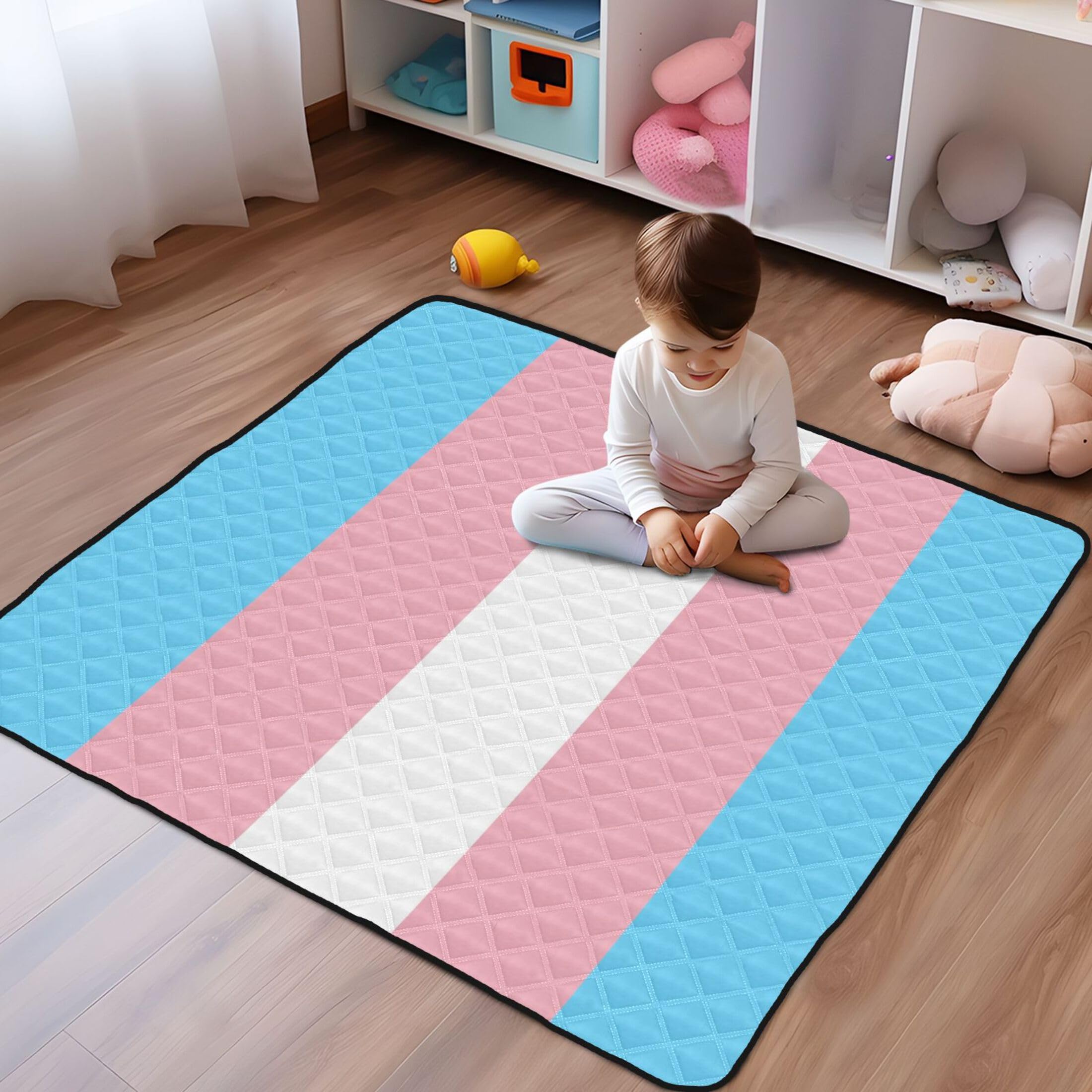 LGBTQ+ Pride Transgender Flag Baby Playmat - 50'' x 50'' Large Non-Slip Crawling Mat for Infants & Toddlers, Durable Indoor/Outdoor Kick Mat for Playtime, Nursery Decor & Gender Reveal Parties