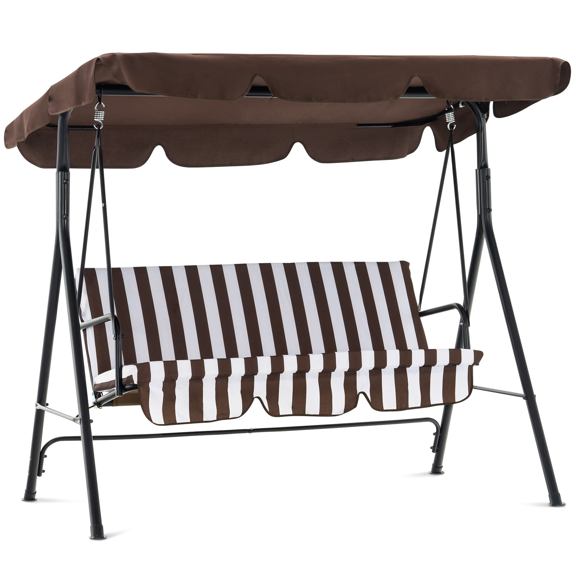 MCombo 2-3 Person Outdoor Patio Swing Chair with Canopy & Steel Stand - Removable Cushions, Weather-Resistant, for Backyard, Garden, Balcony, Porch (Brown with White Stripes) - Perfect for Relaxing, Lounging & Enjoying Summer Breezes