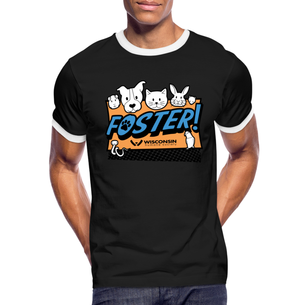 Foster Logo Ringer T-Shirt for Men & Women - Vintage Style Cotton Tee with Contrast Sleeves | Perfect for Casual Wear, Street Style & Music Festivals