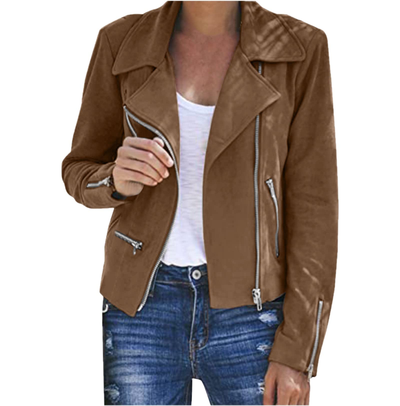 MOKINGTOP Women's Faux Leather Duffle Moto Jacket - Short Solid Color Long Sleeve Lapel Casual Coat with Zipper Pockets | Perfect for Fall, Winter & Everyday Streetwear Fashion