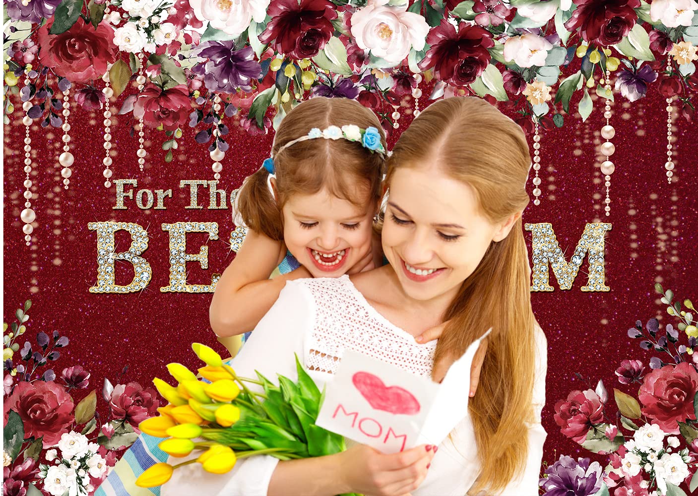 7x5ft Happy Mother's Day Floral Backdrop - Best Mom Party Decoration for Mother's Day Celebrations, Photo Booths & Family Gatherings
