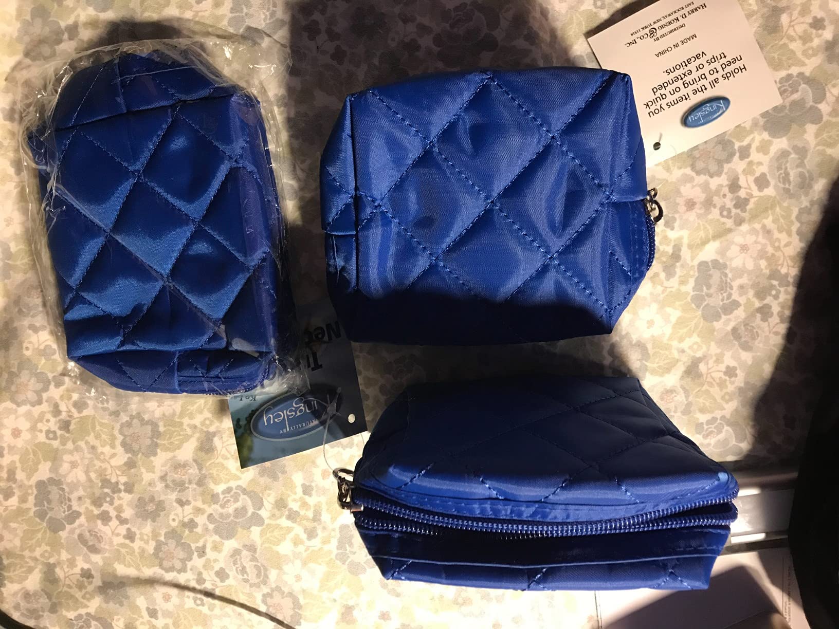 Kingsley Quilted Cosmetic Bag Set of 3 - Waterproof Travel Makeup Organizer with Zipper - Multi-Purpose Pouch for Toiletries, Coins & Jewelry - Perfect for Vacation, Gym & Daily Use - Blue