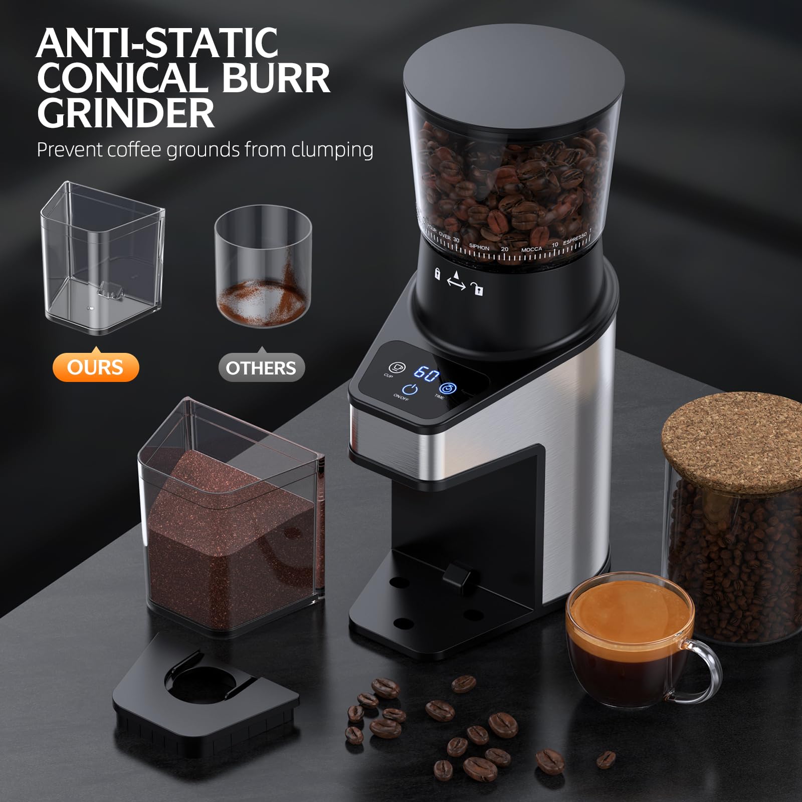 Premium Electric Burr Coffee Grinder with LCD Touch Screen - 60 Precise Grinding Settings, 60-Second Timer & 1-8 Cup Capacity - Anti-Static Stainless Steel Design for Espresso, French Press & Cold Brew at Home or Office