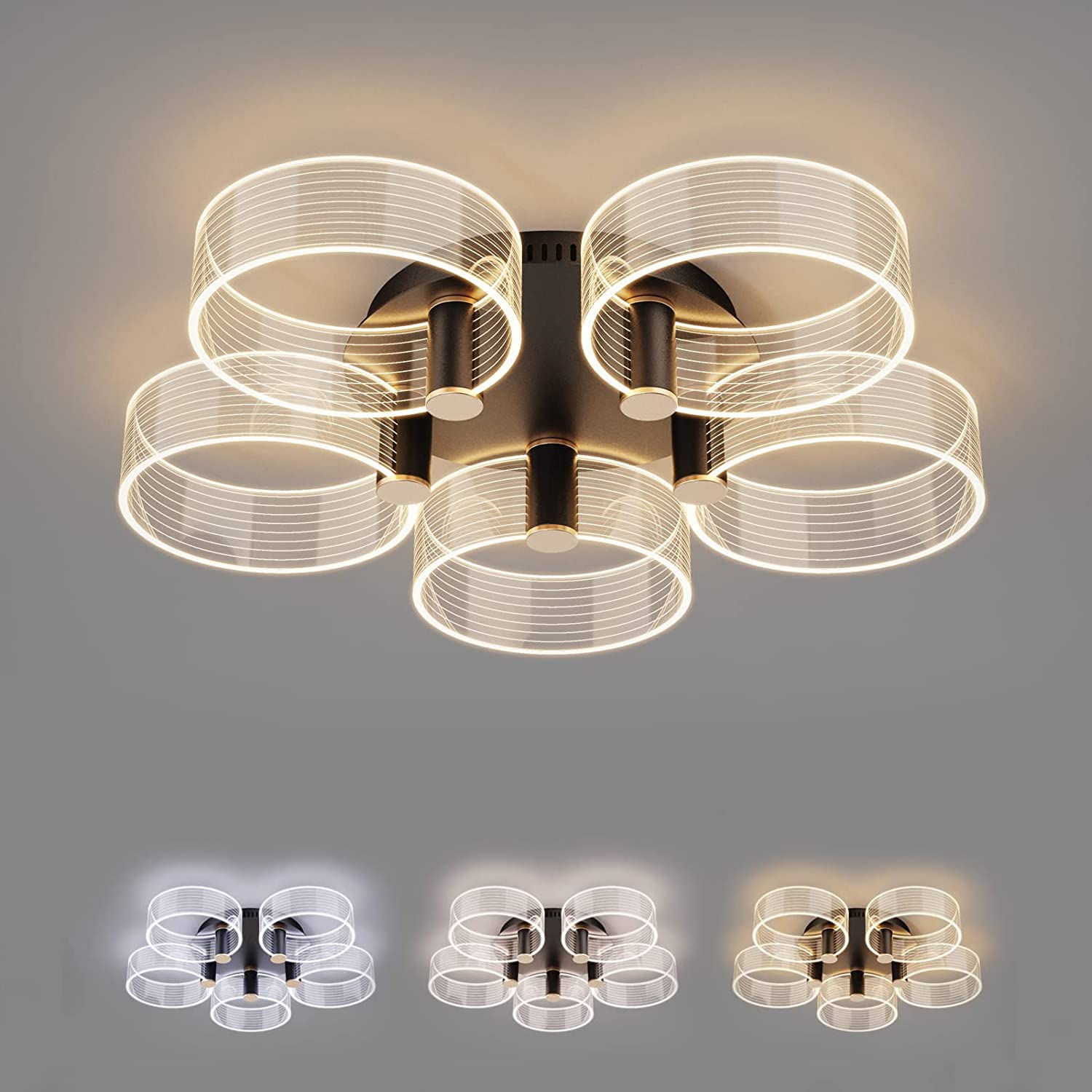 60W LED Ceiling Light with Dimmable Switch, 5 Acrylic Round Flush Mount Chandelier - 3000K/4000K/6500K Color Temperature for Living Room, Bedroom & Dining Room - Modern Home Lighting for Relaxation & Dining Ambiance
