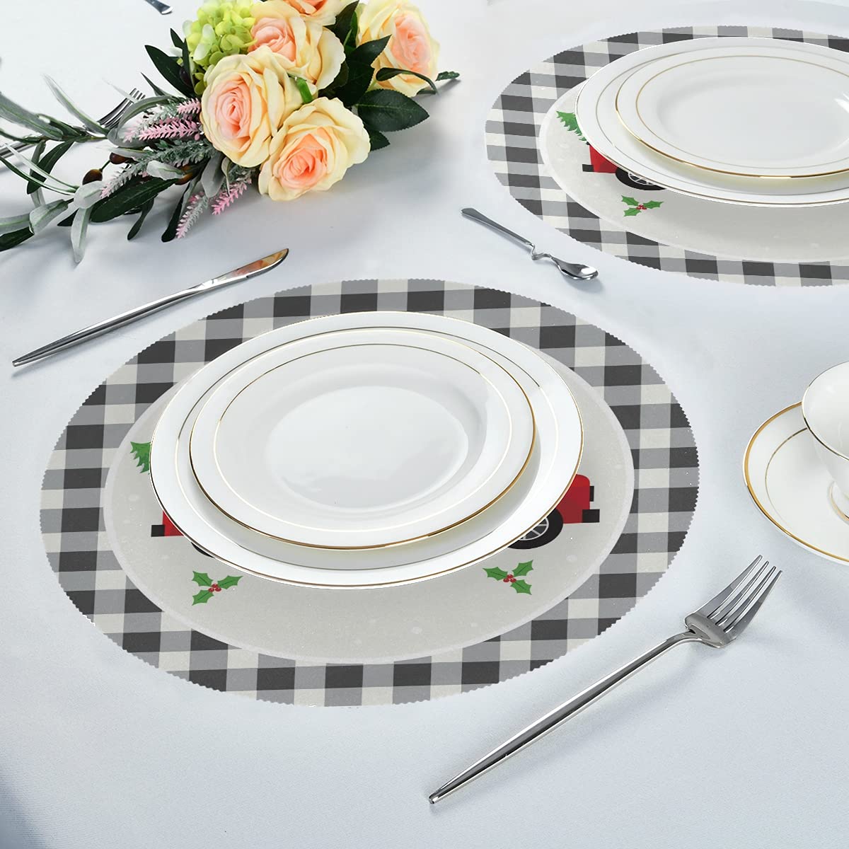 Christmas Truck & Buffalo Plaid Round Placemats Set of 4 - 15 Inch Non-Slip Dining Table Mats for Kitchen, Holiday Decor, Home & Wedding - Easy Clean Festive Table Setting Accessories for Christmas Dinner, Party & Family Gatherings