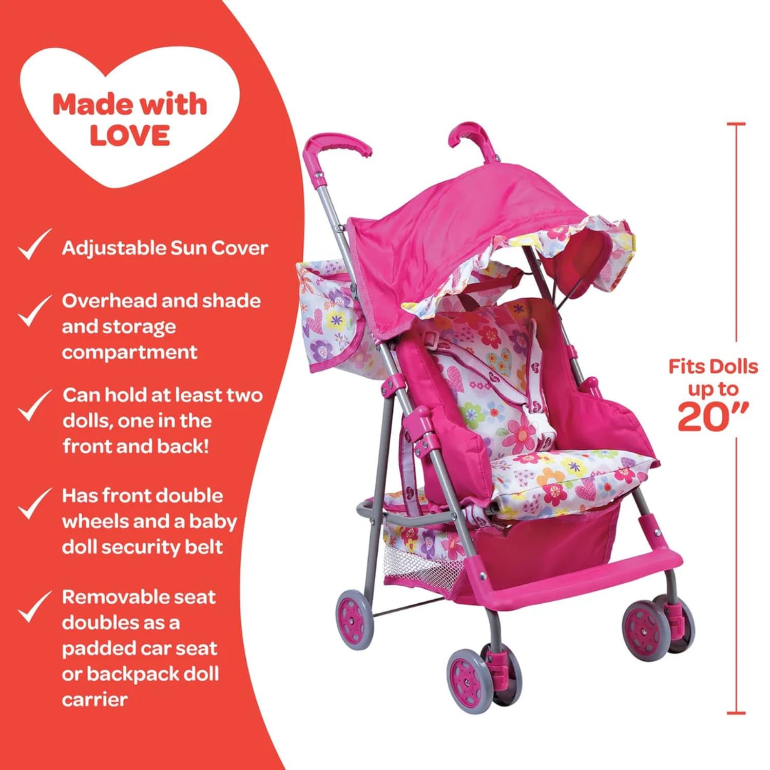 Adora 3-in-1 Convertible Baby Doll Stroller - Premium Quality Doll Accessories with Car Seat & Backpack Carrier - Perfect Birthday Gift for Girls Age 3+ | Great for Indoor Play, Outdoor Walks & Imaginative Role Play