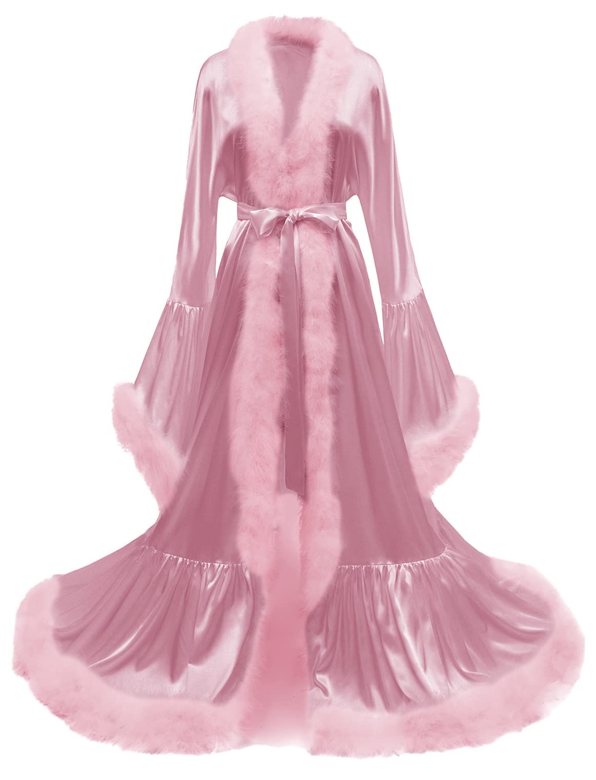 Luxury Feather Trim Silk Satin Bridal Robe - Elegant Long Dressing Gown with Fur Trim for Wedding, Honeymoon & Special Occasions | Soft Sleepwear & Lingerie Nightgown for Women | Perfect for Bridal Shower, Spa Day & Romantic Getaways