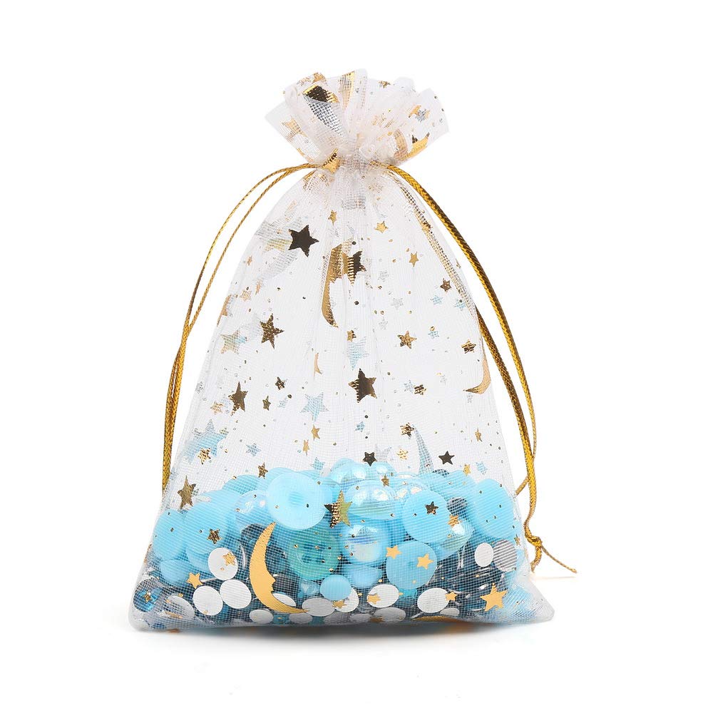 LOAVER 3.5x4.7 Inch Heart Printed Orchid Organza Gift Bags - 100 Pack (Stars & Moon White) for Wedding Favors, Party Decorations, Candy Packaging & Baby Shower Gifts