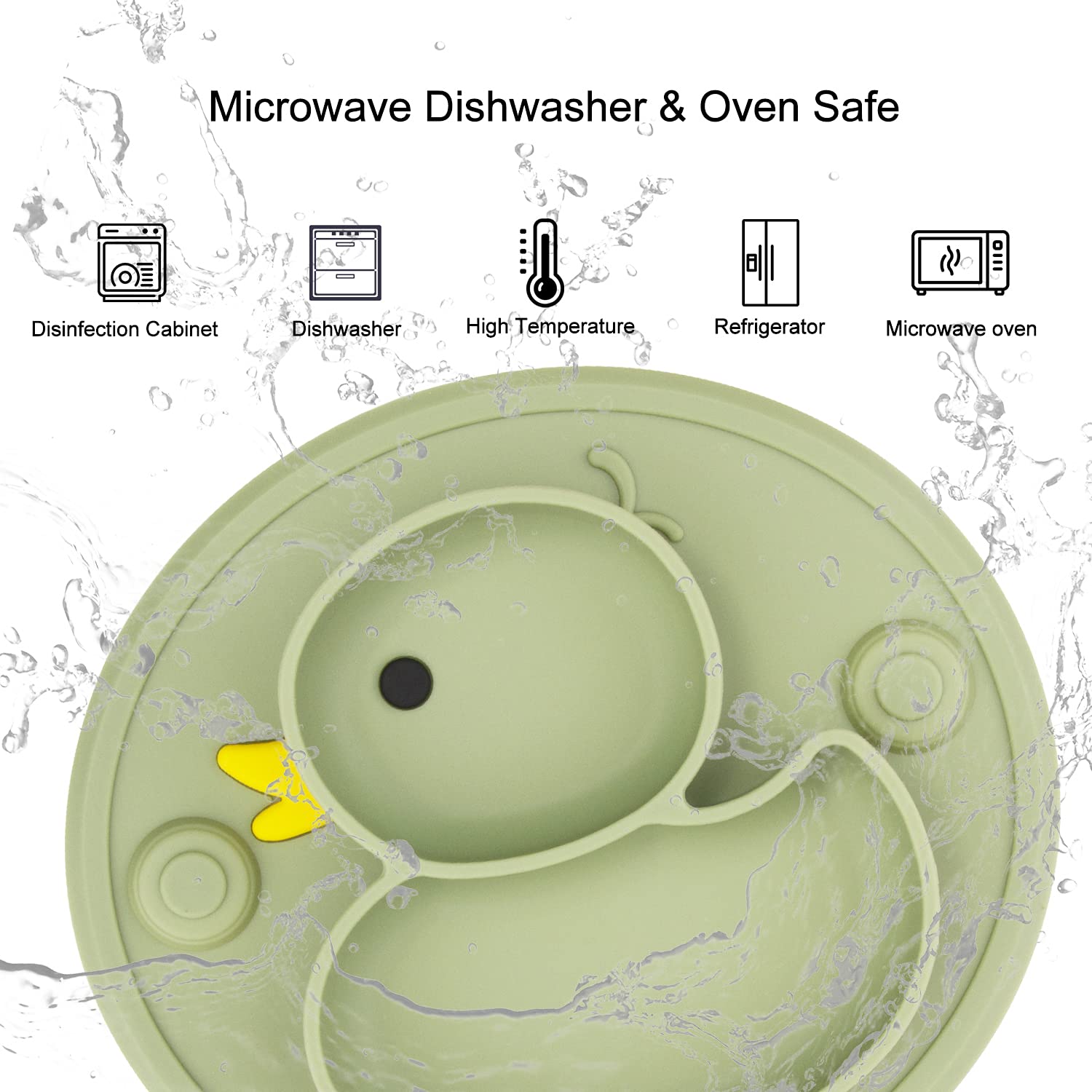 Non-Slip Silicone Divided Baby Plate with Suction Base | BPA-Free, Microwave & Dishwasher Safe | Portable Feeding Tray for Infants, Toddlers & Kids | Perfect for Highchair, Travel & Mess-Free Meals (Duck-Endive Design)