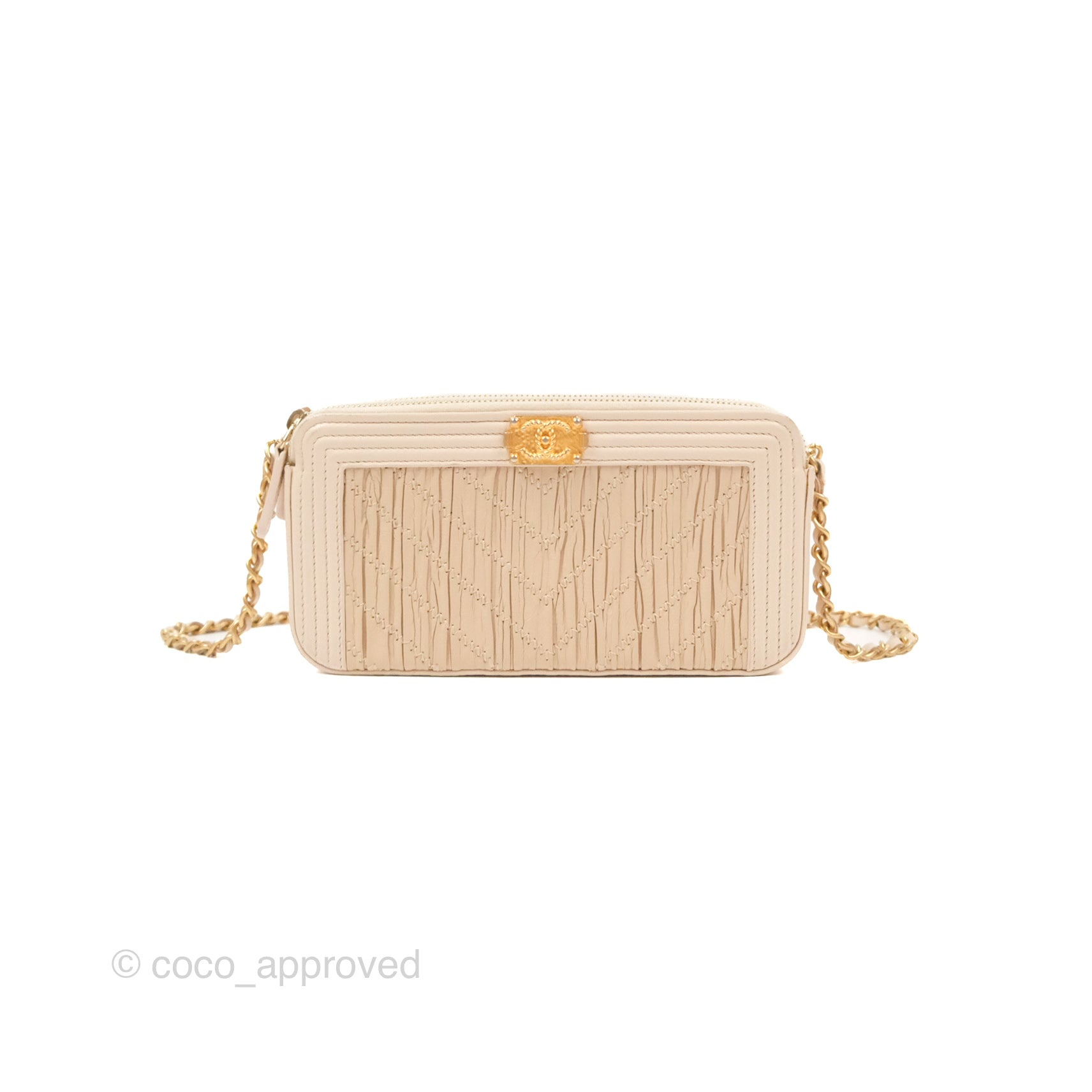 Chanel Boy Double Zip Clutch On Chain Chevron Pale Beige with Aged Gold Hardware - Luxury Crossbody Bag for Women, Perfect for Evening Parties & Date Nights