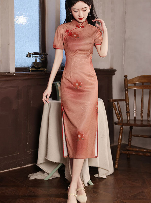 Elegant Red Floral Print Midi Cheongsam Qipao Dress - Vintage Chinese Style Dress for Women, Perfect for Weddings, Parties & Special Occasions