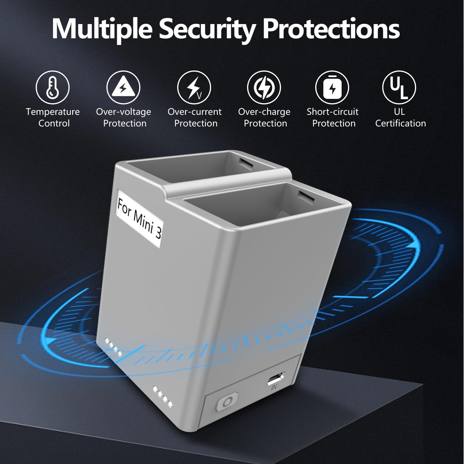 Fast Charging Hub for DJI Mini 3/Mini 4 Pro Drone Batteries - Portable Dual-Port Charger with Battery Level Indicator - Perfect for Travel & Outdoor Aerial Photography