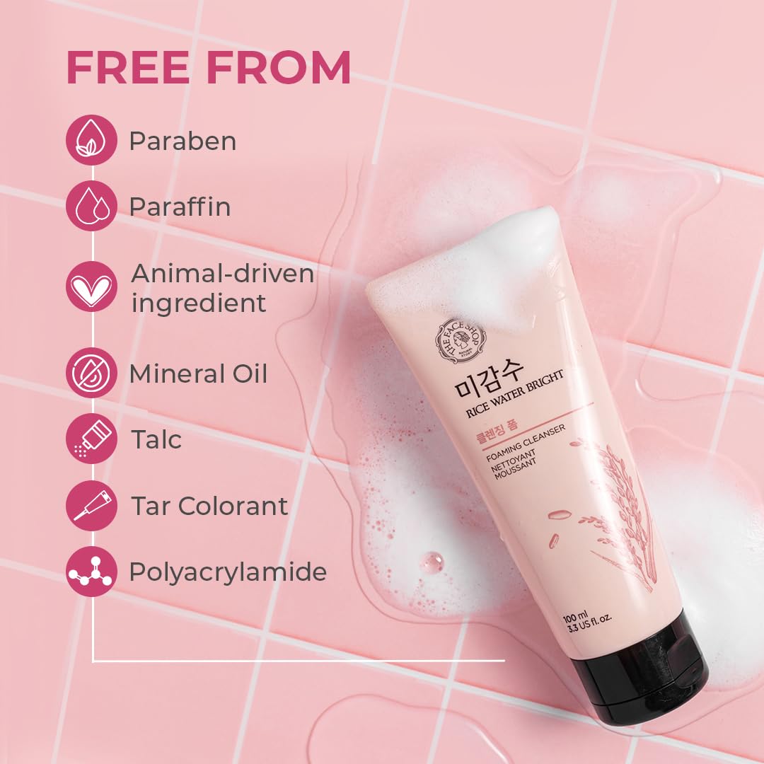 The Face Shop Rice Water Bright Foaming Face Wash 100ml - Korean Skincare for Oily Skin | Brightening Cleanser for Glowing Skin & Uneven Skin Tone | Gentle Daily Face Wash for Morning & Night Routine