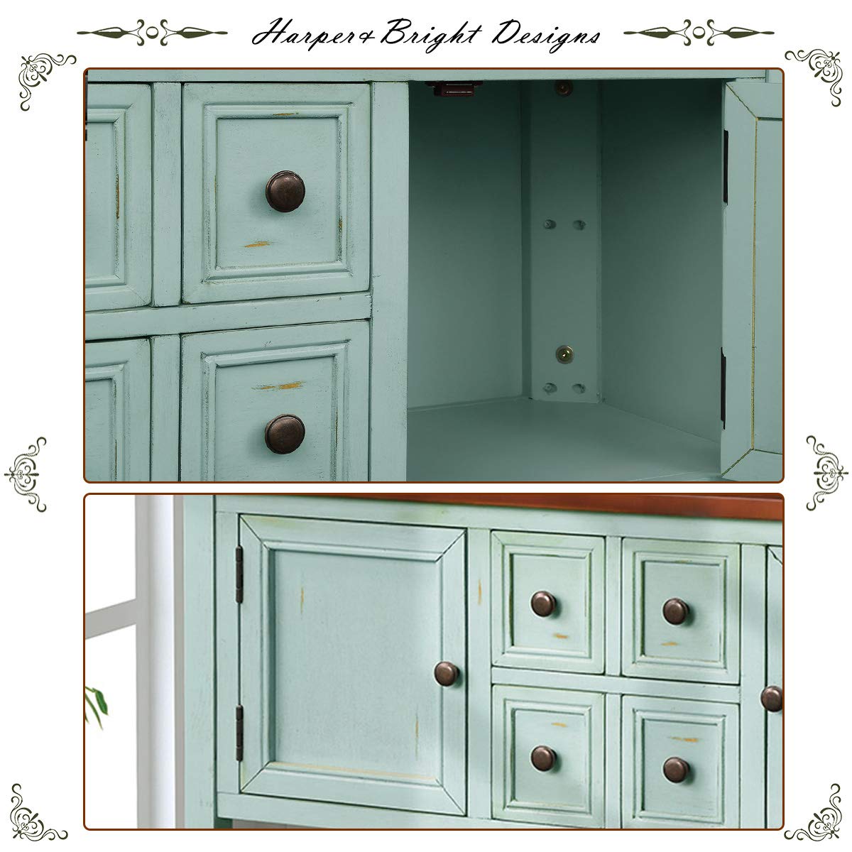 Danxee Antique Blue Wood Buffet Storage Cabinet Console Table with 4 Drawers & Shelves - Kitchen, Dining Room & Living Room Furniture for Home Organization & Stylish Storage