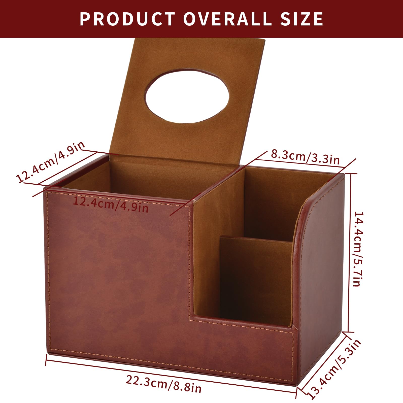 PU Leather Square Tissue Box Cover with Storage - Multifunctional Tissue Holder & Remote Control Organizer - Decorative Home & Office Desk Accessory (Brown) - Perfect for Living Room, Bedroom, and Workspace Organization