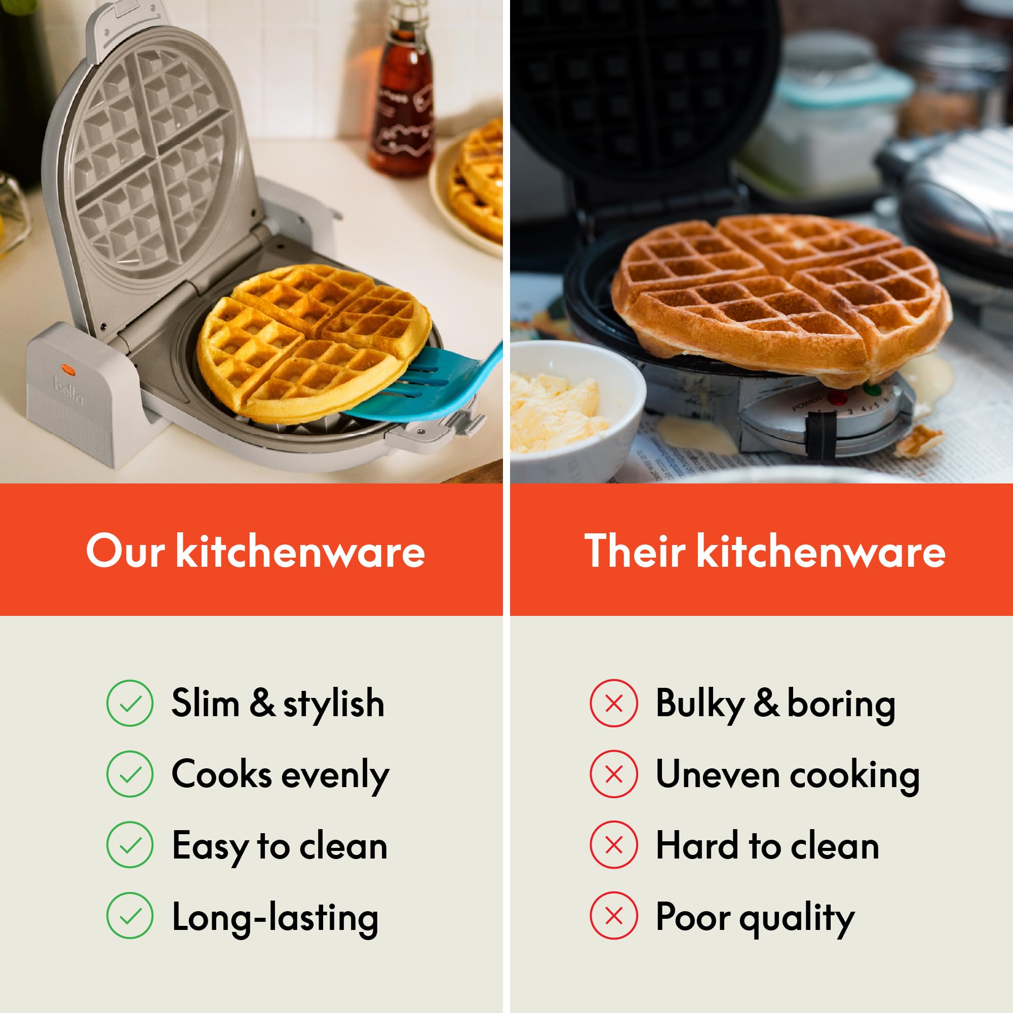 BELLA 2-Slice Compact Toaster with Flip-n-Store Ceramic Waffle Maker - Space-Saving Kitchen Appliance with EverGood™ Nonstick Coating & 6 Browning Settings - Perfect for Breakfast, Dorms, Small Kitchens & Oatmilk Waffles