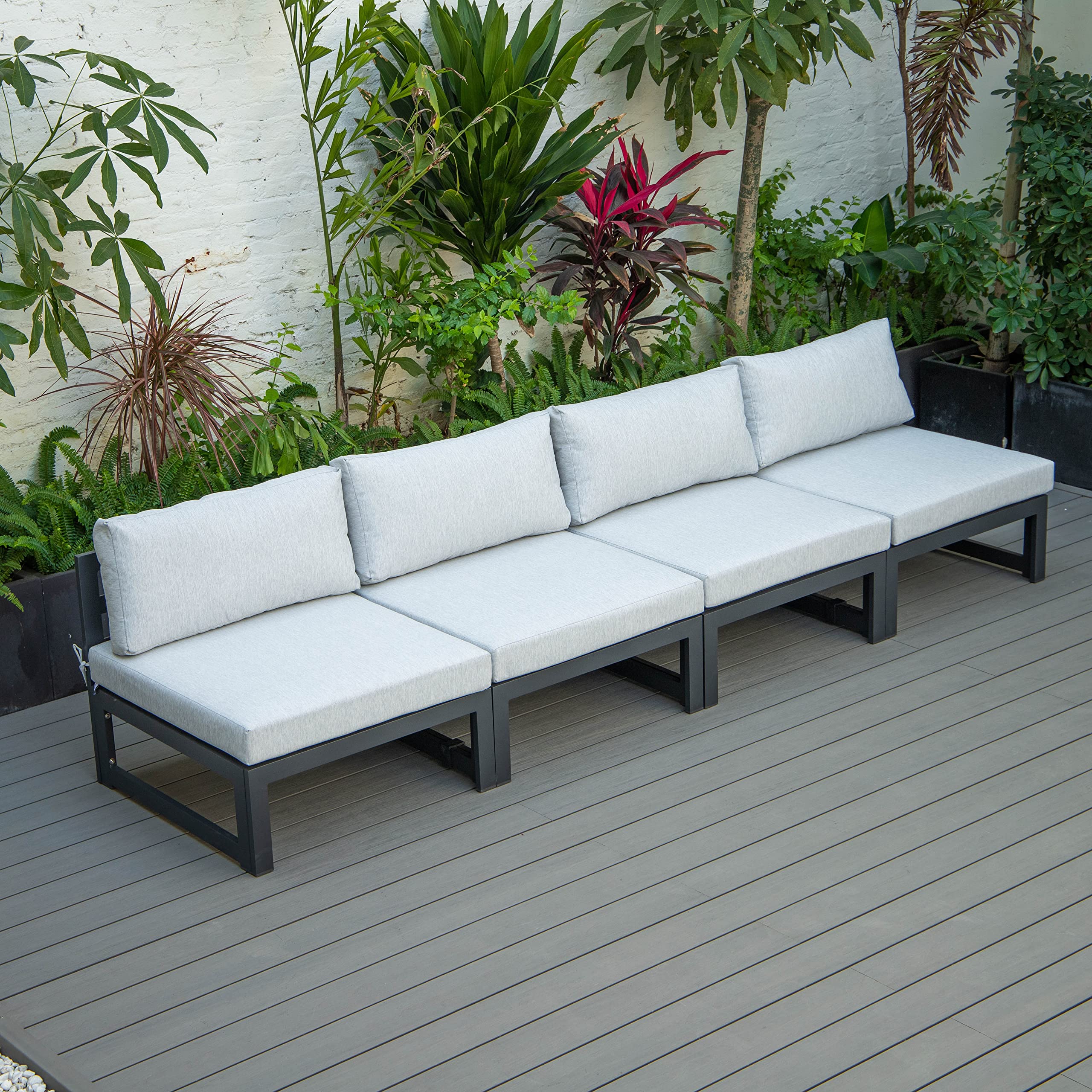 LeisureMod Chelsea 4-Piece Outdoor Patio Sectional Sofa Set with Cushions - Light Grey Water-Resistant Furniture for Backyard, Poolside & Garden Relaxation