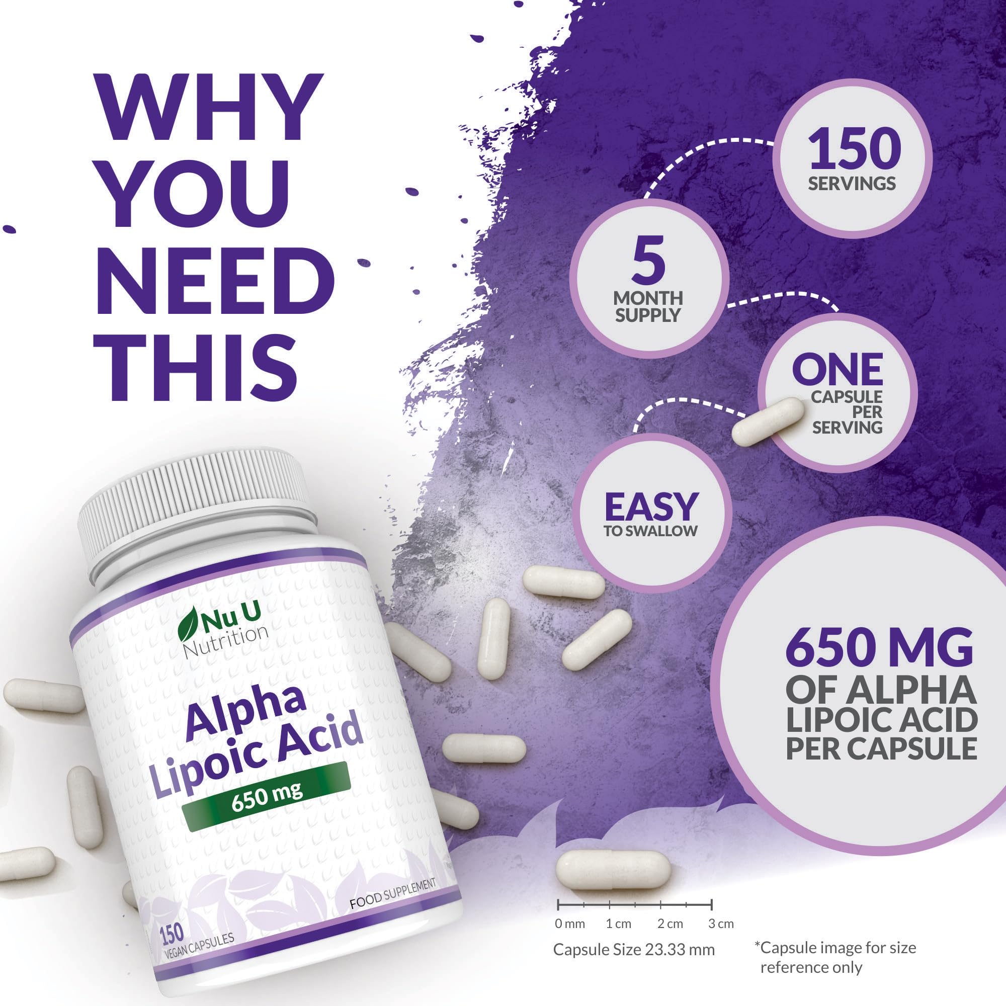 Nu U Nutrition Alpha Lipoic Acid 650mg - 150 Vegan ALA Capsules | High Strength Amino Acid Supplement | 5 Month Supply | Made in UK | Supports Energy Metabolism & Nerve Health for Active Lifestyles