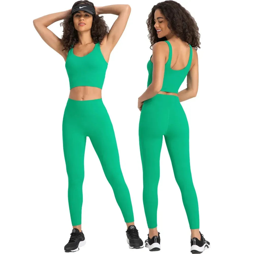 Women's 2-Piece Stretch Nylon Spandex Workout Outfit - Padded Crop Tank Bra & High Waist Yoga Leggings Set for Gym, Running & Yoga | Comfortable Tracksuit for Fitness & Active Lifestyle