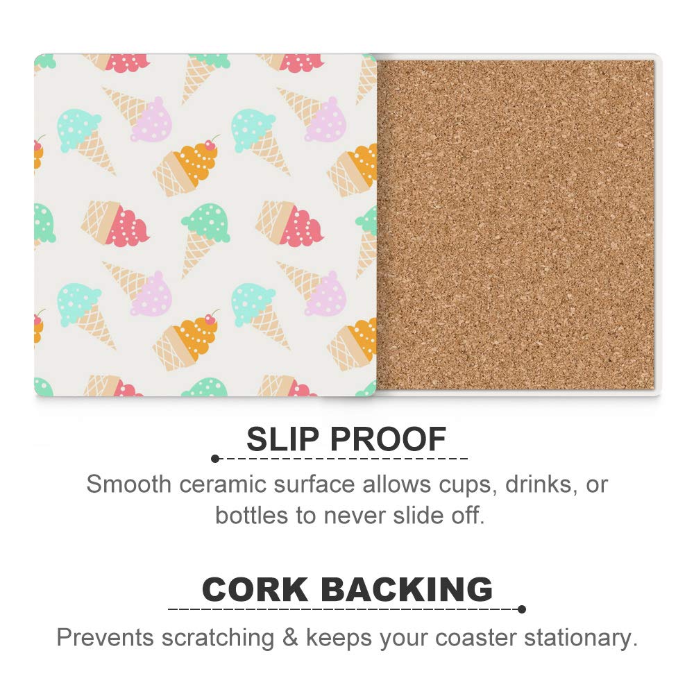 Ceramic Drink Coasters Set of 4 - Square Waffle Cone Ice Cream Design - Non-Slip Table Protectors for Coffee Mugs, Glasses & Hot Dishes - Perfect for Kitchen, Dining Room & Office Decor
