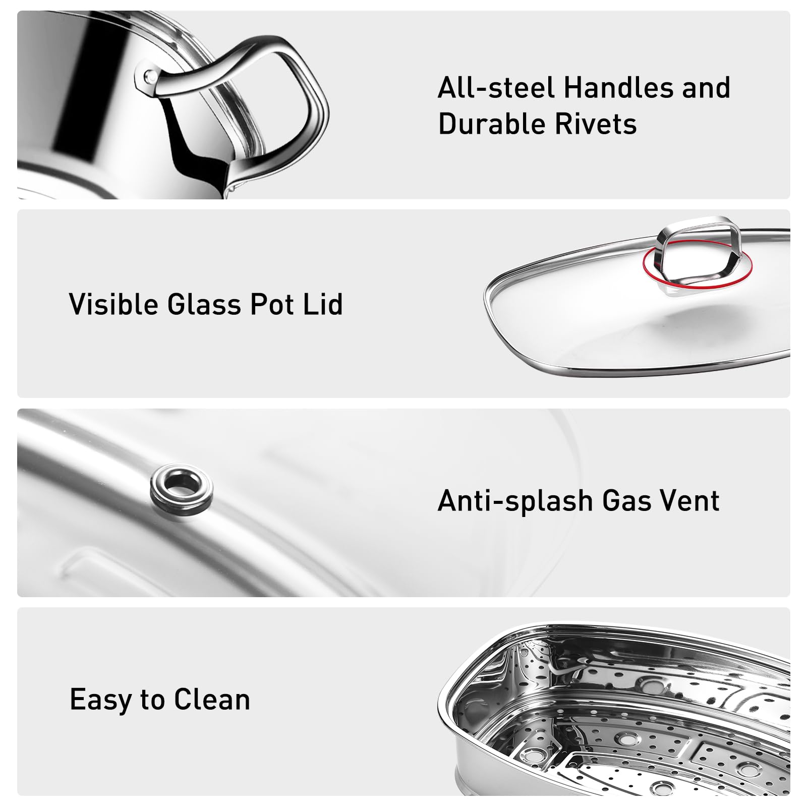 Eglaf 2-Tier Stainless Steel Fish Steamer Pot with Rack - Multi-Purpose Square Steamer Cookware Set Includes Ceramic Plate, Chuck & Oven Mitts - Perfect for Steaming Fish, Vegetables, Seafood & Making Soup - Ideal for Home Cooking, Restaurants & Outdoor BBQ