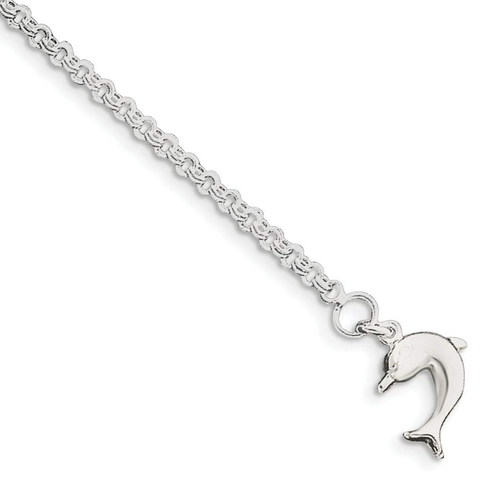 925 Sterling Silver Hollow Polished Dolphin Anklet with Spring Ring Clasp - Adjustable Length (9
