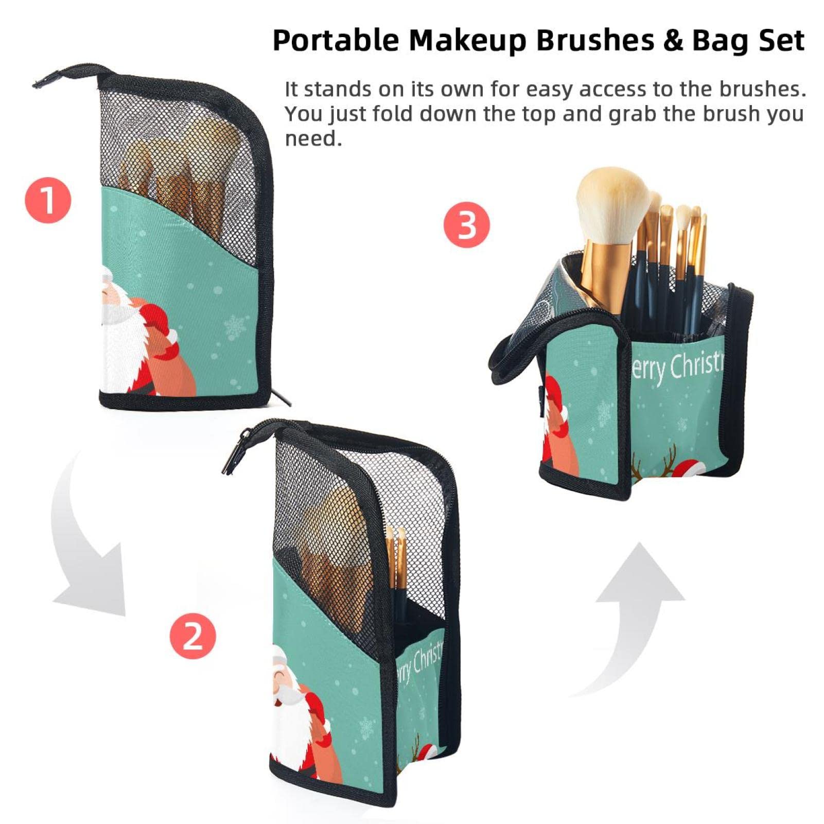 Premium Makeup Brush Organizer Bag with 12 Brushes - Christmas Santa Claus & Reindeer Design - Portable Travel Cosmetic Brush Holder Case for Makeup Artists & Beauty Lovers (Great for Holiday Gifts, Travel, Home Vanity & Professional Use)