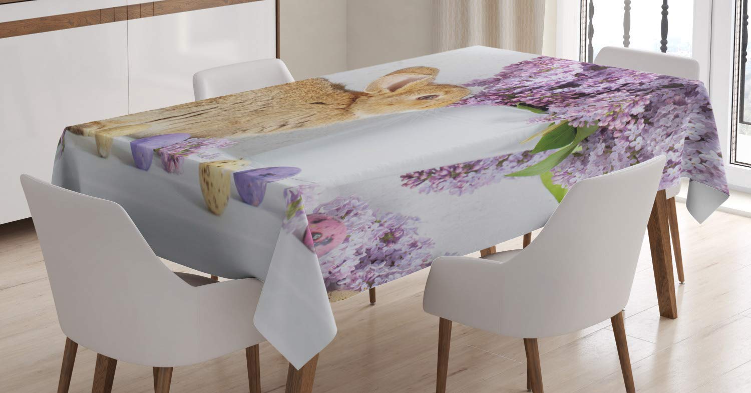 Ambesonne Easter Bunny Tablecloth - Brown Easter Rabbit with Lilac Flowers & Dyed Eggs Floral Design, 60x90 Inch Rectangular Table Cover for Dining Room Kitchen Party Decor | Perfect for Easter Celebrations, Spring Gatherings & Holiday Dining
