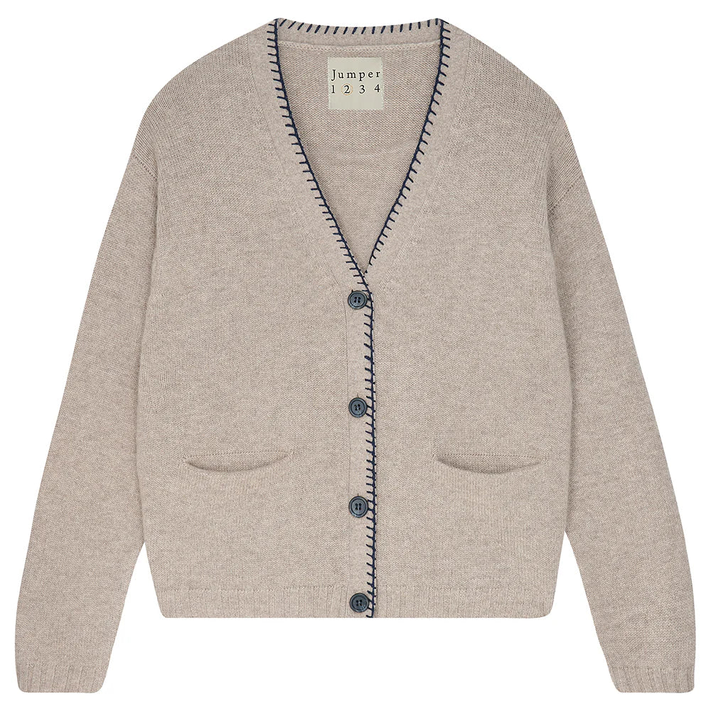 Soft Cashmere Blanket Stitch Cardigan Sweater - Light Brown & Navy Blue | Cozy Winter Wear for Women, Perfect for Home, Office & Travel