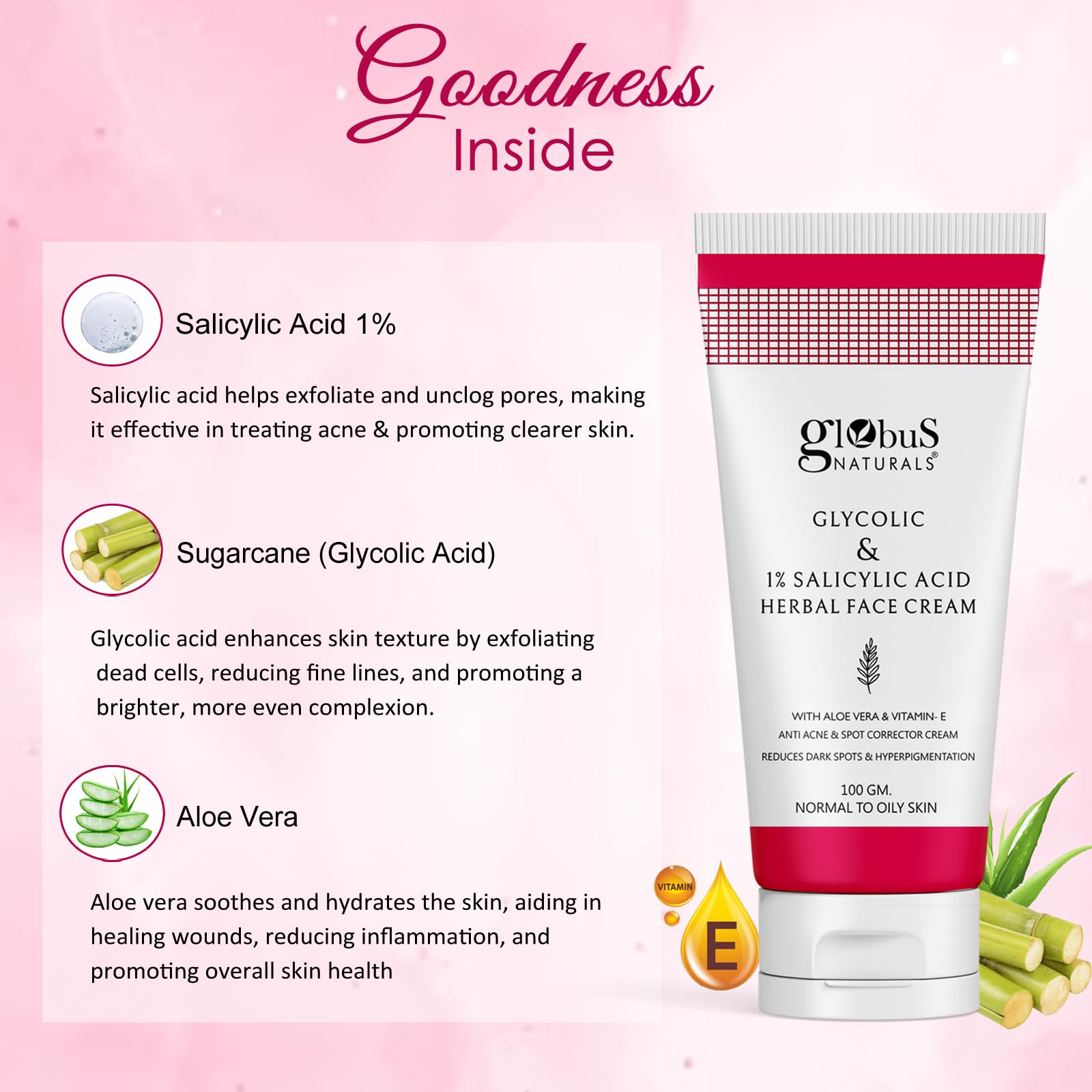 Globus Naturals Glycolic & 1% Salicylic Acid Anti-Acne Face Cream with Licorice & Oats - Reduces Dark Spots, Hyperpigmentation & Breakouts - 100g for Clear, Glowing Skin | Perfect for Daily Skincare Routine & Acne-Prone Skin